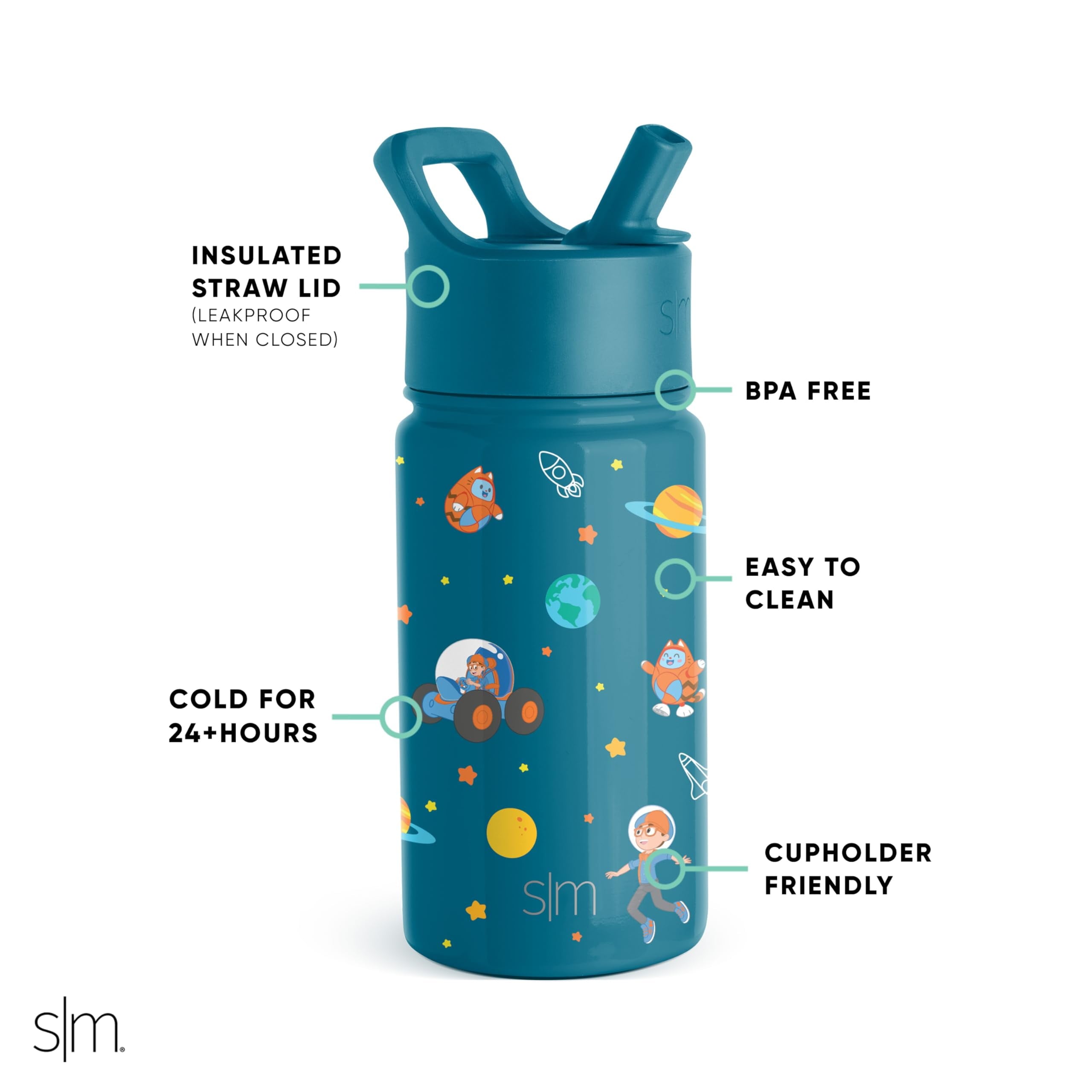 Simple Modern Blippi Kids Water Bottle with Straw Lid | Insulated Stainless Steel Reusable Tumbler for Toddlers, Girls | Summit Collection | 14oz, Blippi Space C689G