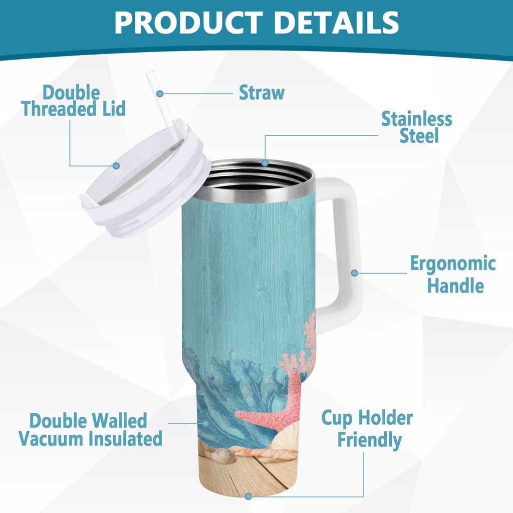 40 oz Insulated Stainless Steel Tumbler Double Wall Stainless Steel Tumbler with 2-Way Drinking Colorful Starfish and Seashells C636N