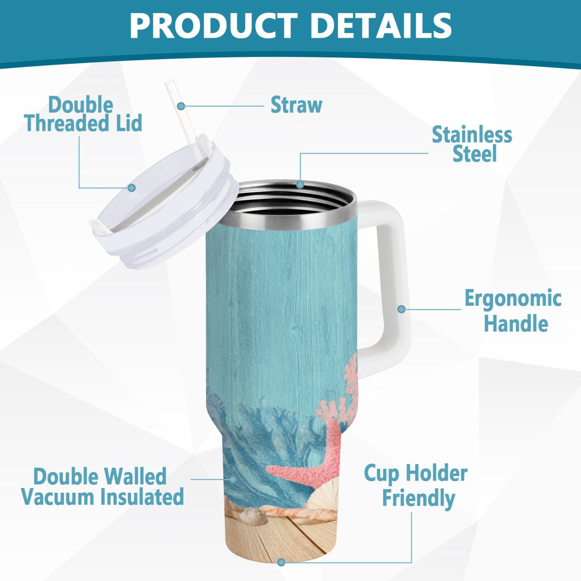 40 oz Insulated Stainless Steel Tumbler Double Wall Stainless Steel Tumbler with 2-Way Drinking Colorful Starfish and Seashells C636N