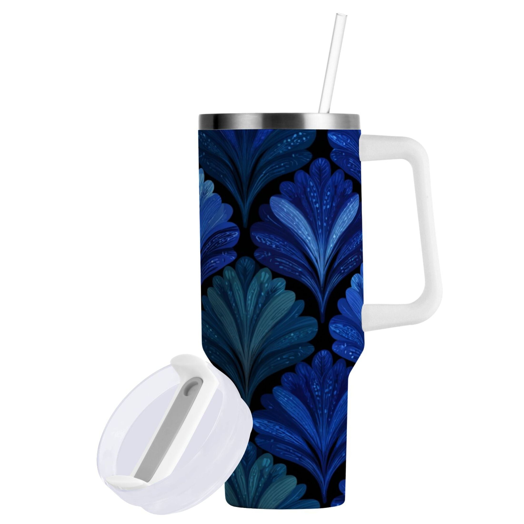 30 oz Insulated Stainless Steel Tumbler Double Wall Stainless Steel Tumbler with 2-Way Drinking Blue Batik Leaves Pattern C525X