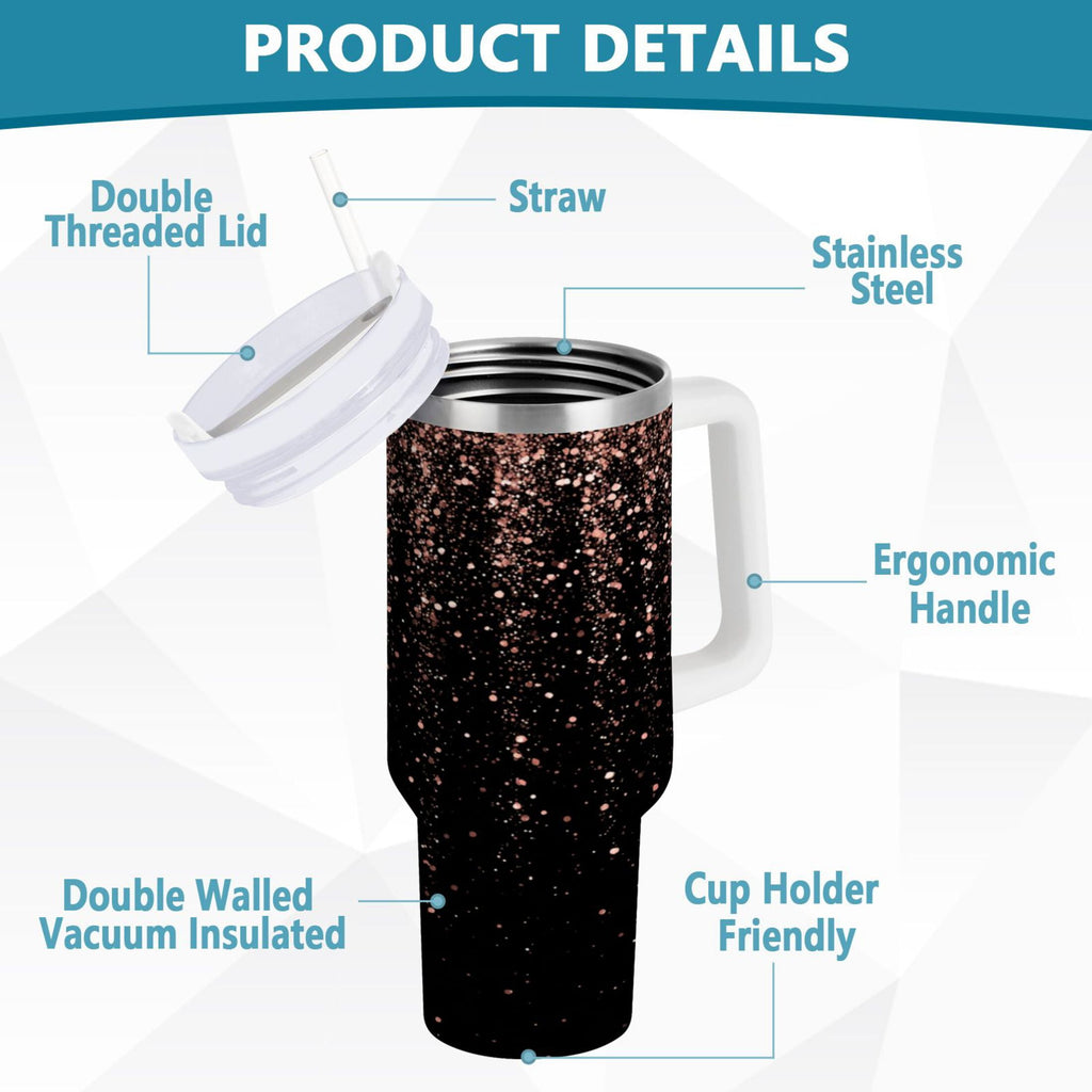40 oz Insulated Stainless Steel Tumbler Double Wall Stainless Steel Tumbler with 2-Way Drinking Rose Gold Glitter C589P