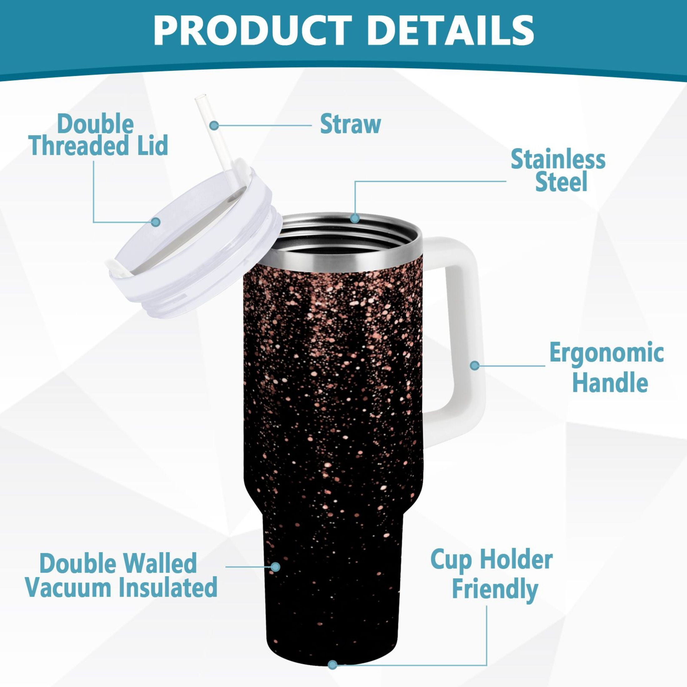 40 oz Insulated Stainless Steel Tumbler Double Wall Stainless Steel Tumbler with 2-Way Drinking Rose Gold Glitter C589P
