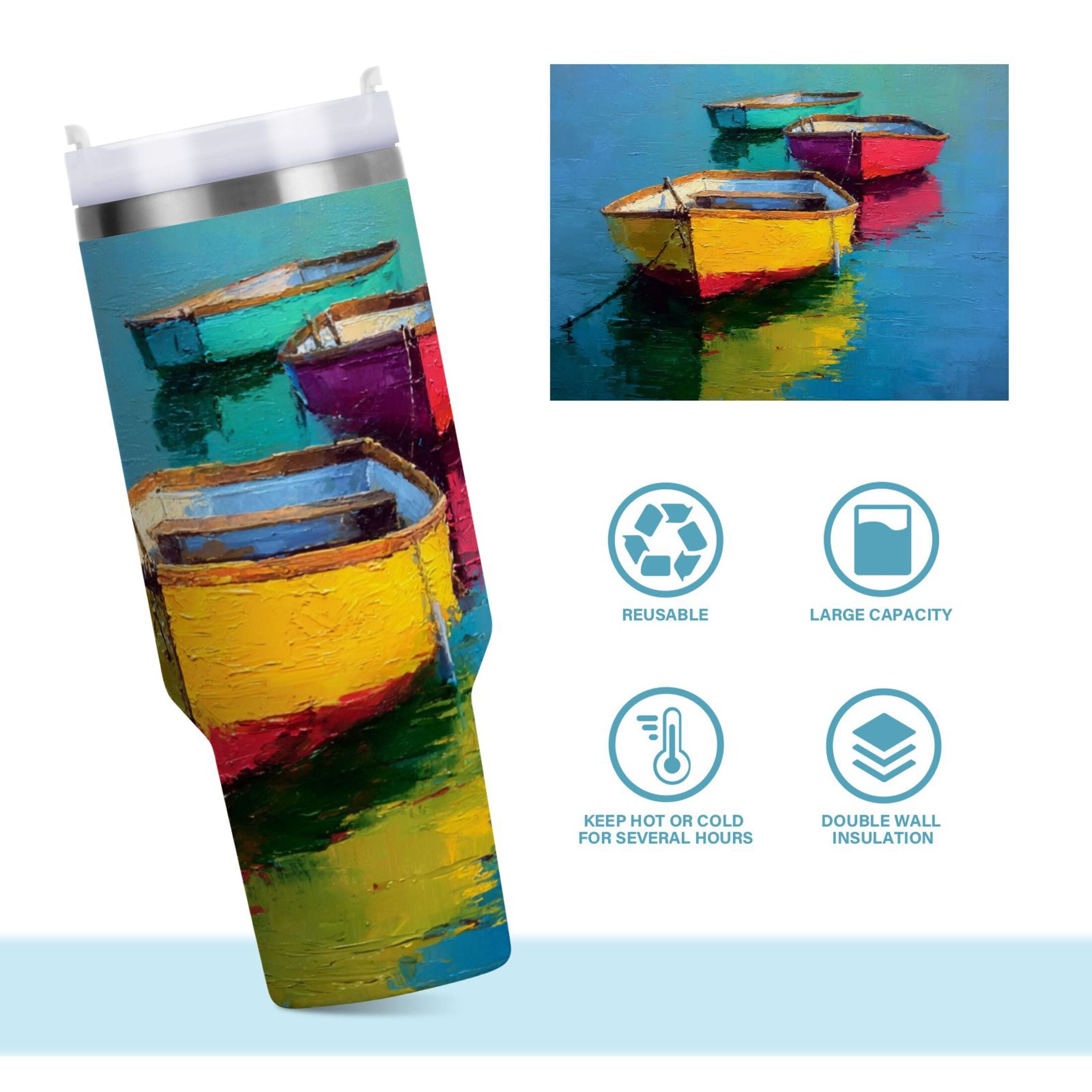 30 oz Insulated Stainless Steel Tumbler Double Wall Stainless Steel Tumbler with 2-Way Drinking Colorful Row Boats C555B