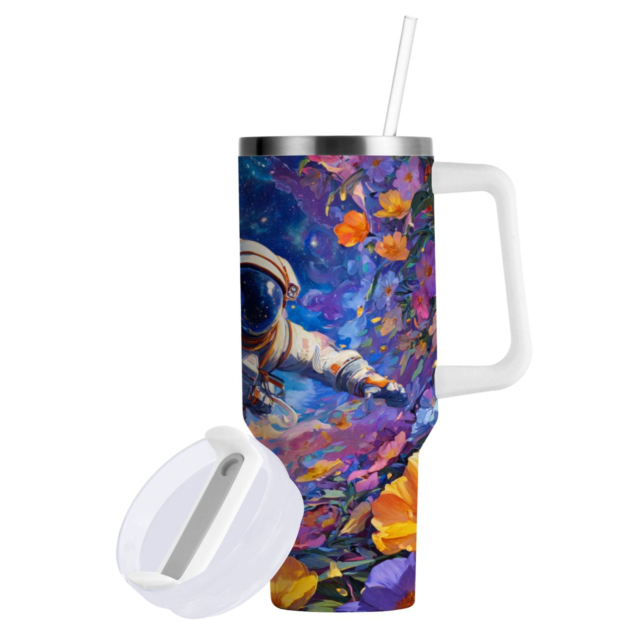 40 oz Insulated Stainless Steel Tumbler Double Wall Stainless Steel Tumbler with 2-Way Drinking Astronaut and Colorful Flowers C562D