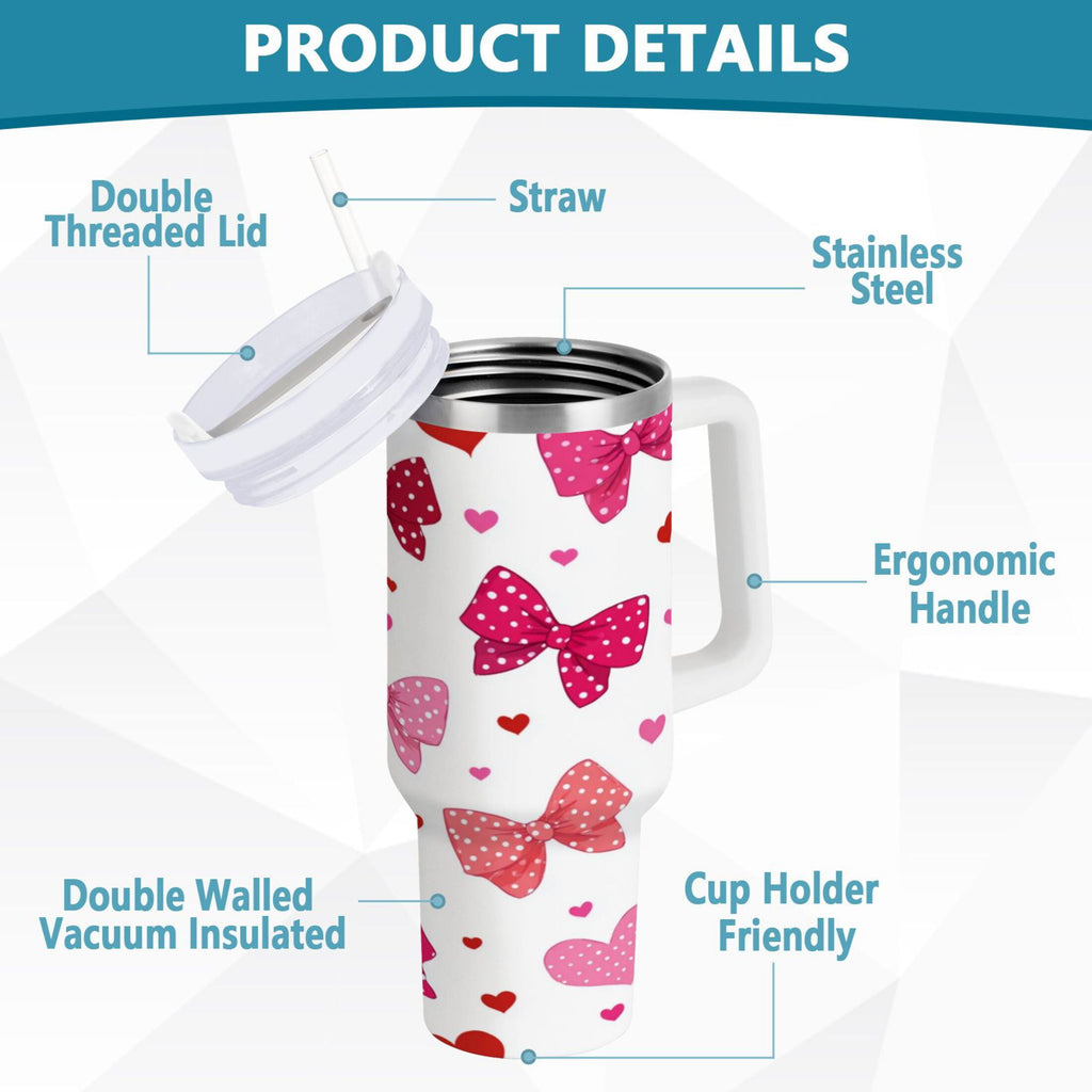 30 oz Insulated Stainless Steel Tumbler Double Wall Stainless Steel Tumbler with 2-Way Drinking Red and Pink Bows C595R