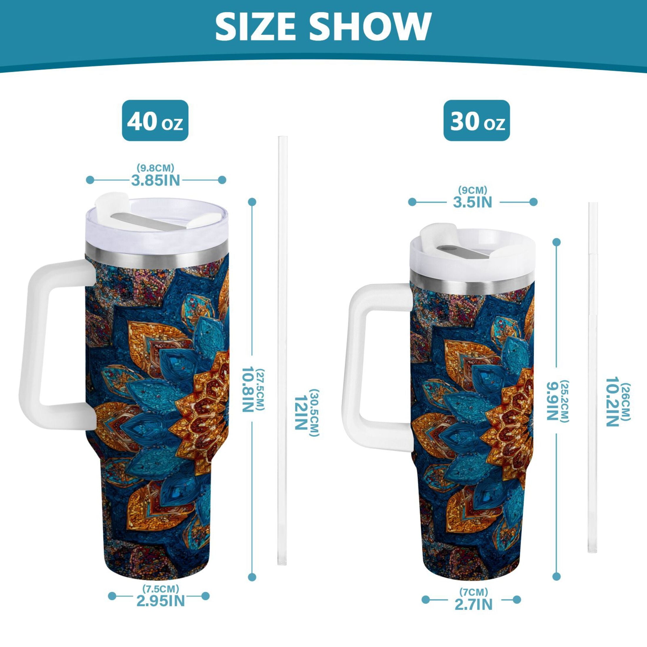 40 oz Insulated Stainless Steel Tumbler Double Wall Stainless Steel Tumbler with 2-Way Drinking Intricate Geometric Shapes C518N