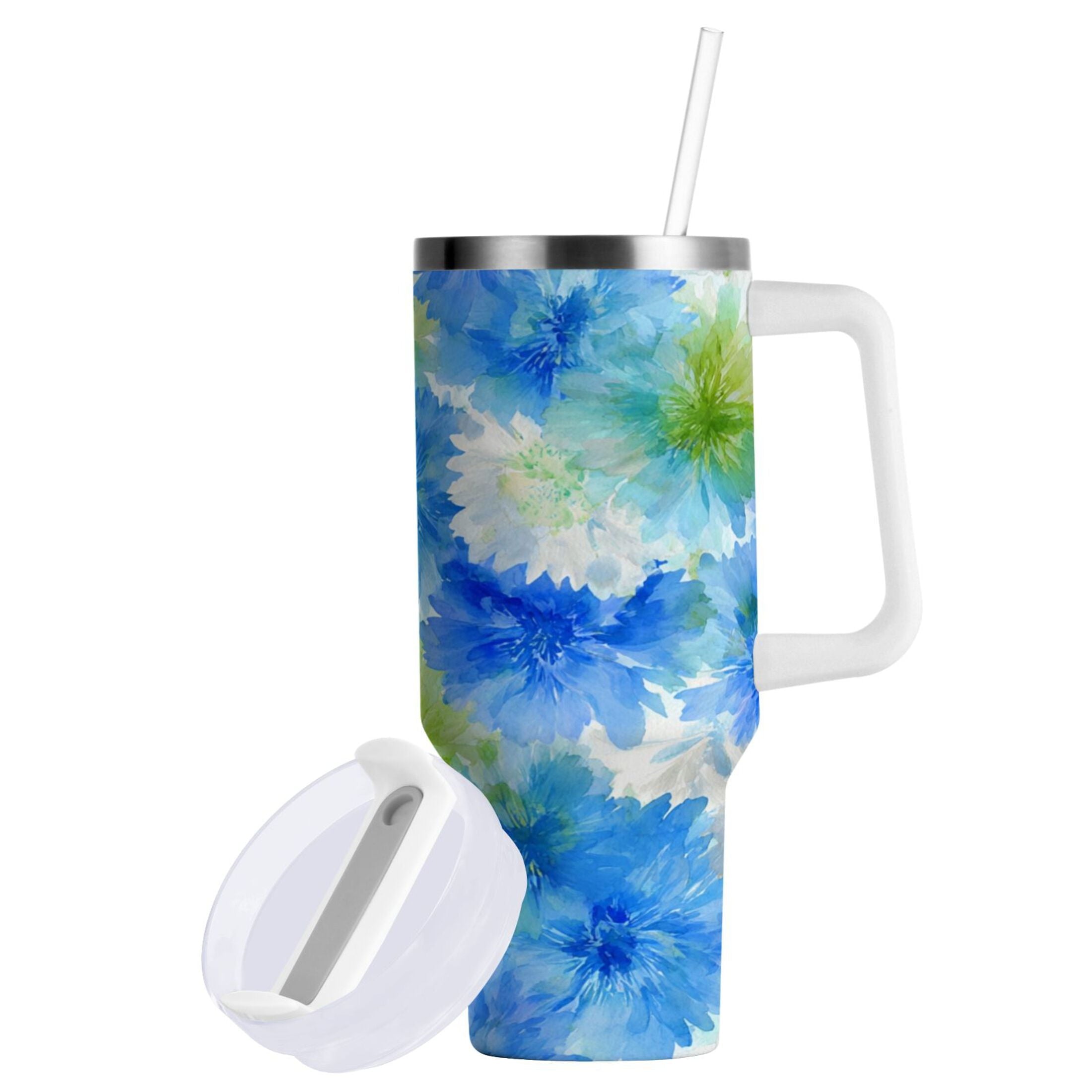 40 oz Insulated Stainless Steel Tumbler Double Wall Stainless Steel Tumbler with 2-Way Drinking Watercolor Blue Cornflowers C567Z