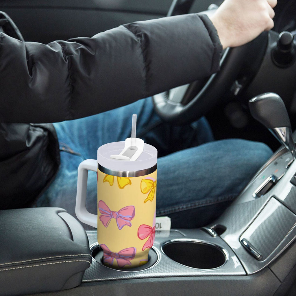 30 oz Insulated Stainless Steel Tumbler Double Wall Stainless Steel Tumbler with 2-Way Drinking Yellow and Pink Bows C566M