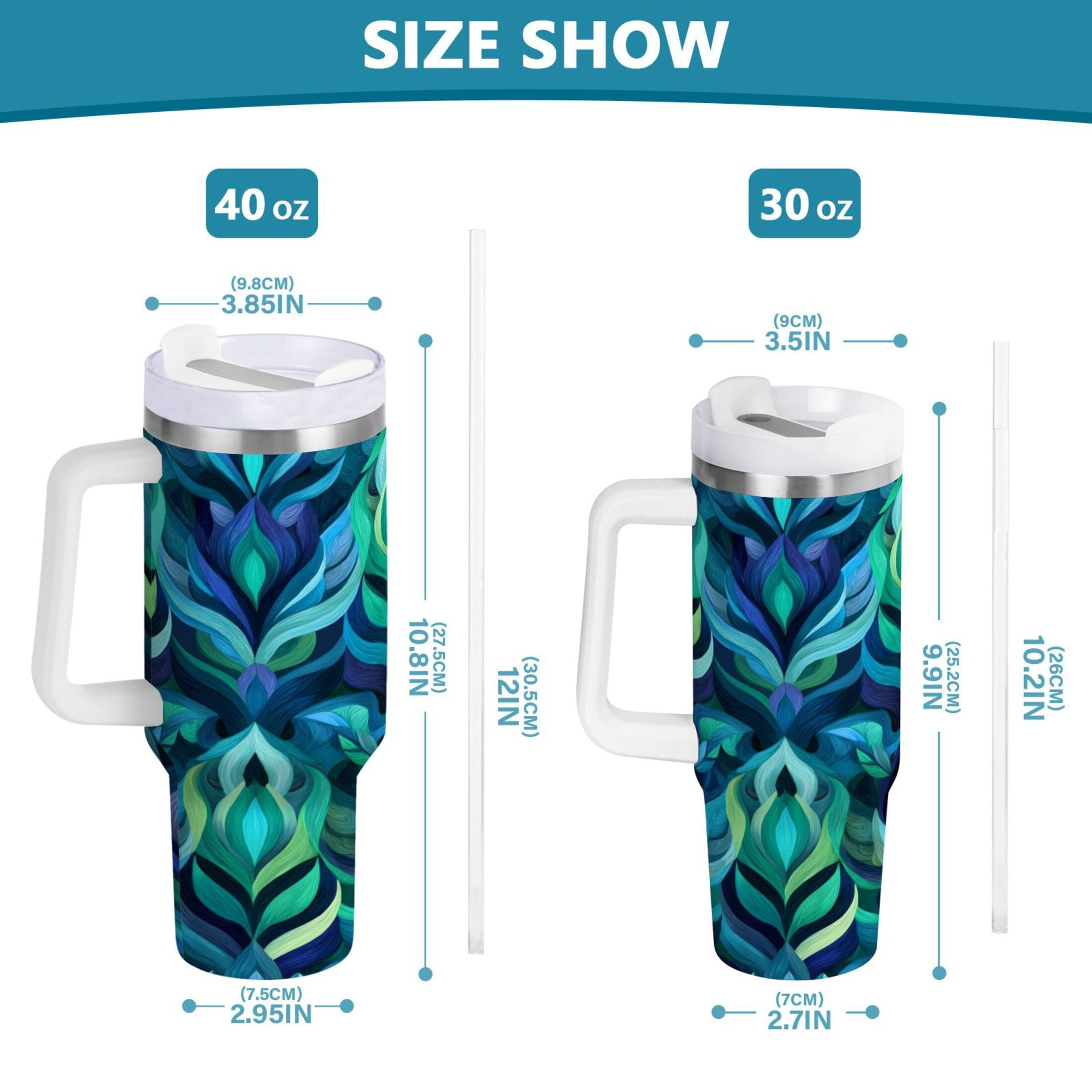 40 oz Insulated Stainless Steel Tumbler Double Wall Stainless Steel Tumbler with 2-Way Drinking Elegant Blue Abstract Shapes C609J