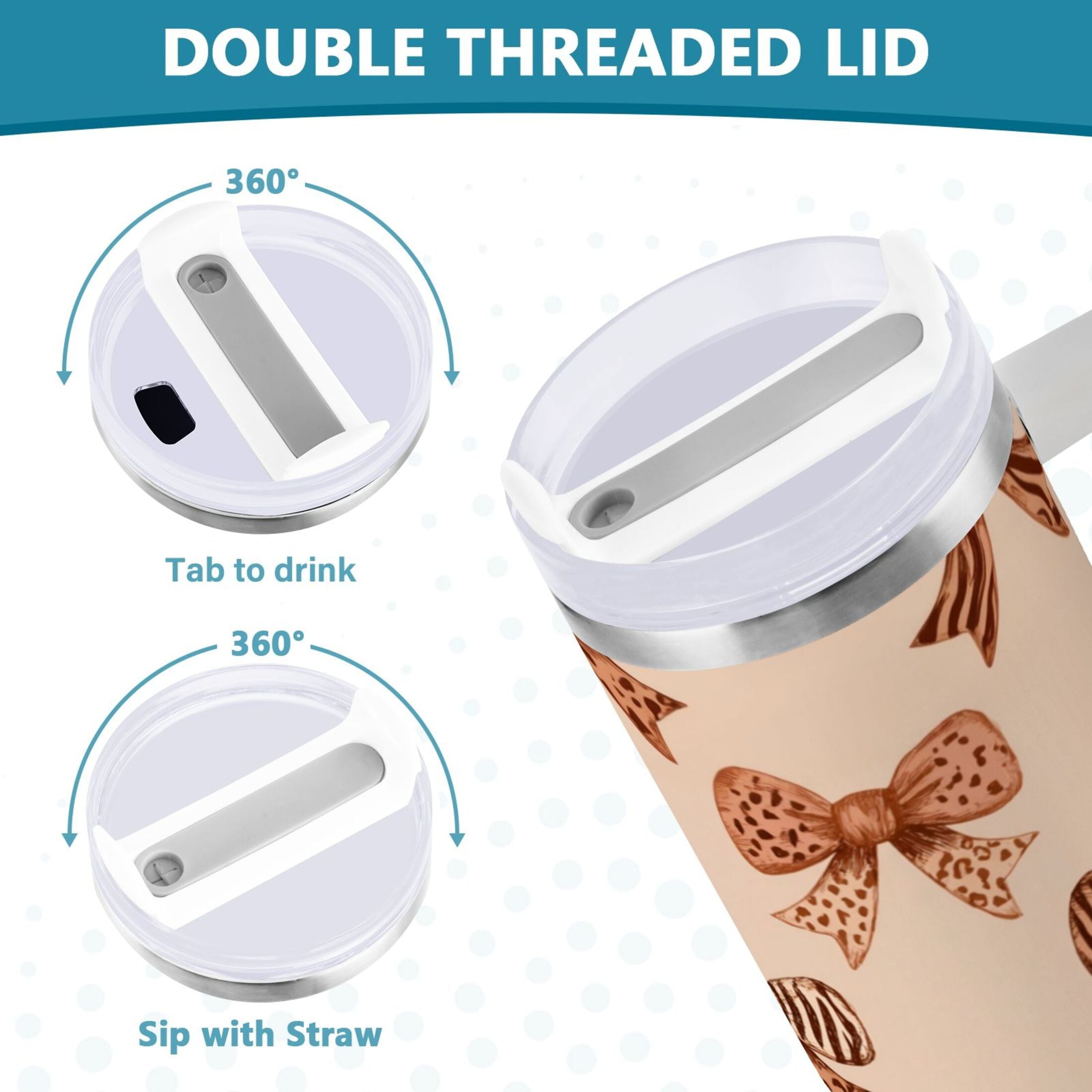 40 oz Insulated Stainless Steel Tumbler Double Wall Stainless Steel Tumbler with 2-Way Drinking Leopard Print Bow C550P