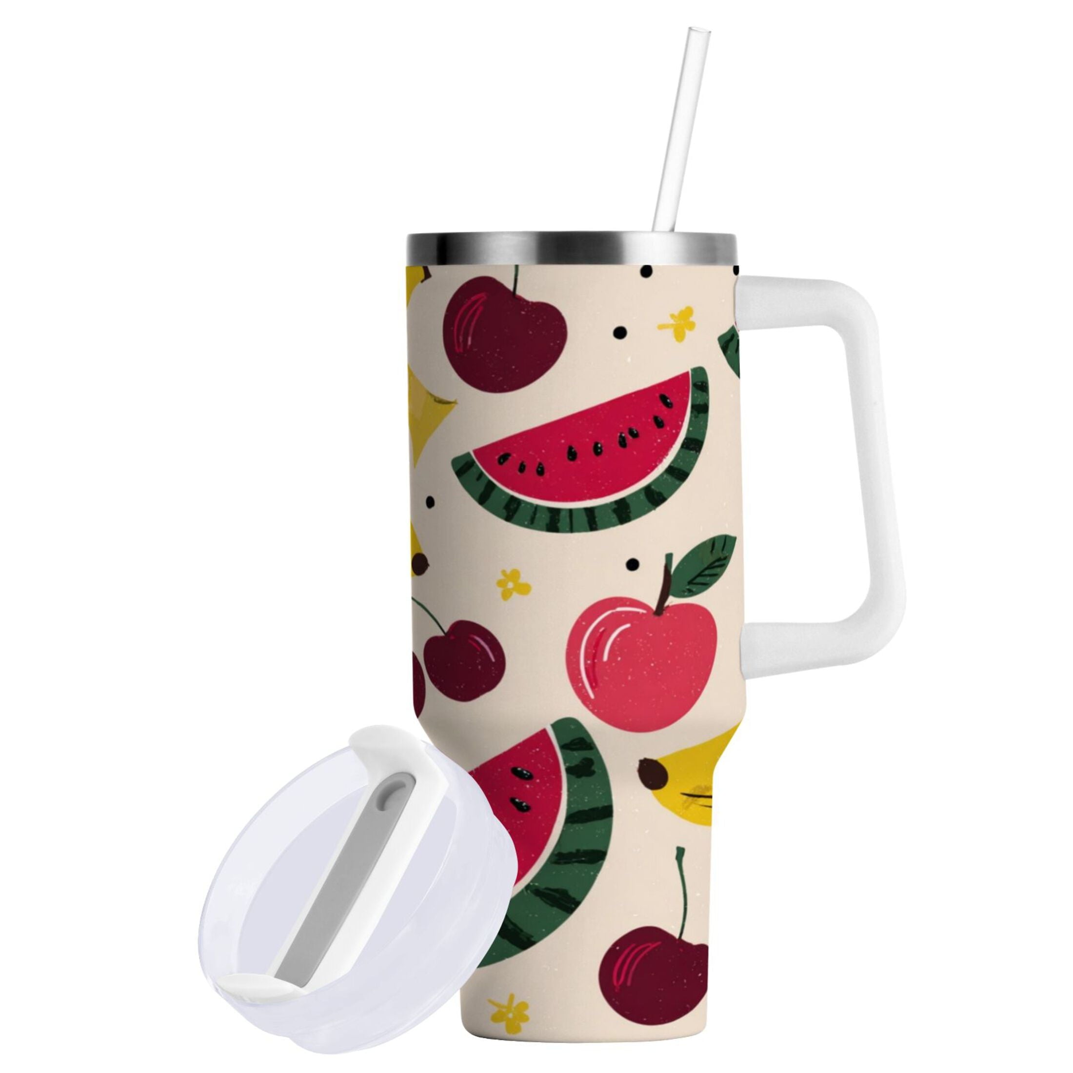 30 oz Insulated Stainless Steel Tumbler Double Wall Stainless Steel Tumbler with 2-Way Drinking Watermelon and Cherries C579K