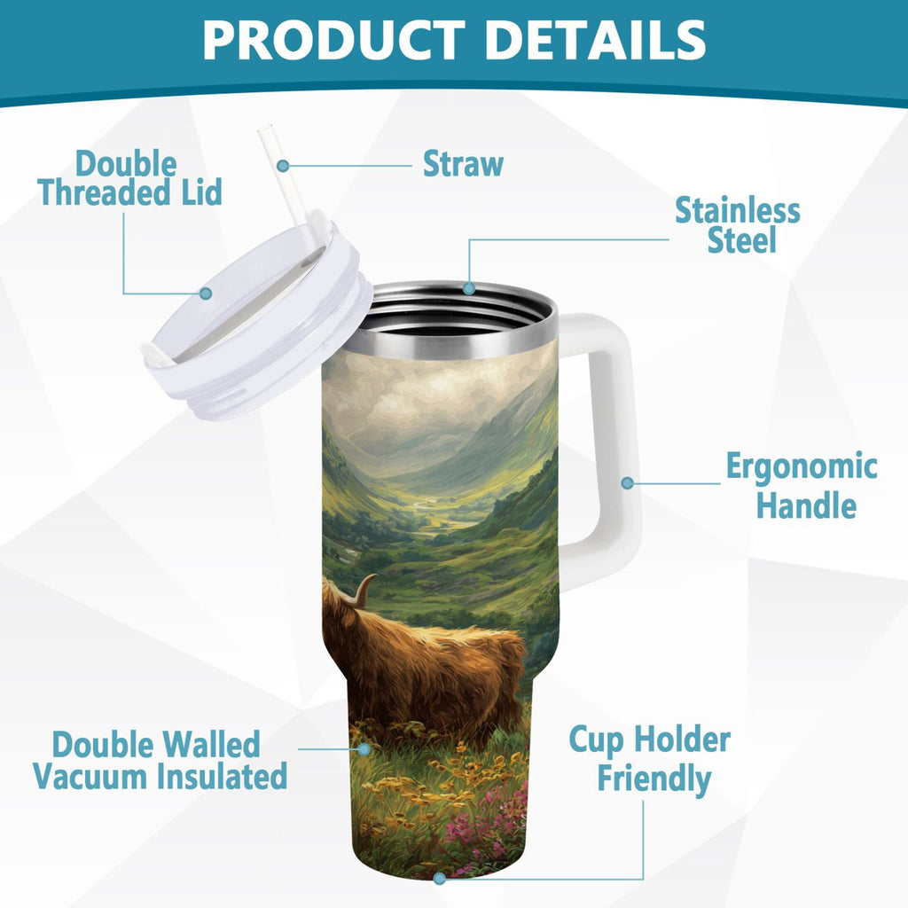 30 oz Insulated Stainless Steel Tumbler Double Wall Stainless Steel Tumbler with 2-Way Drinking Cow in Green Rolling Hills C586R
