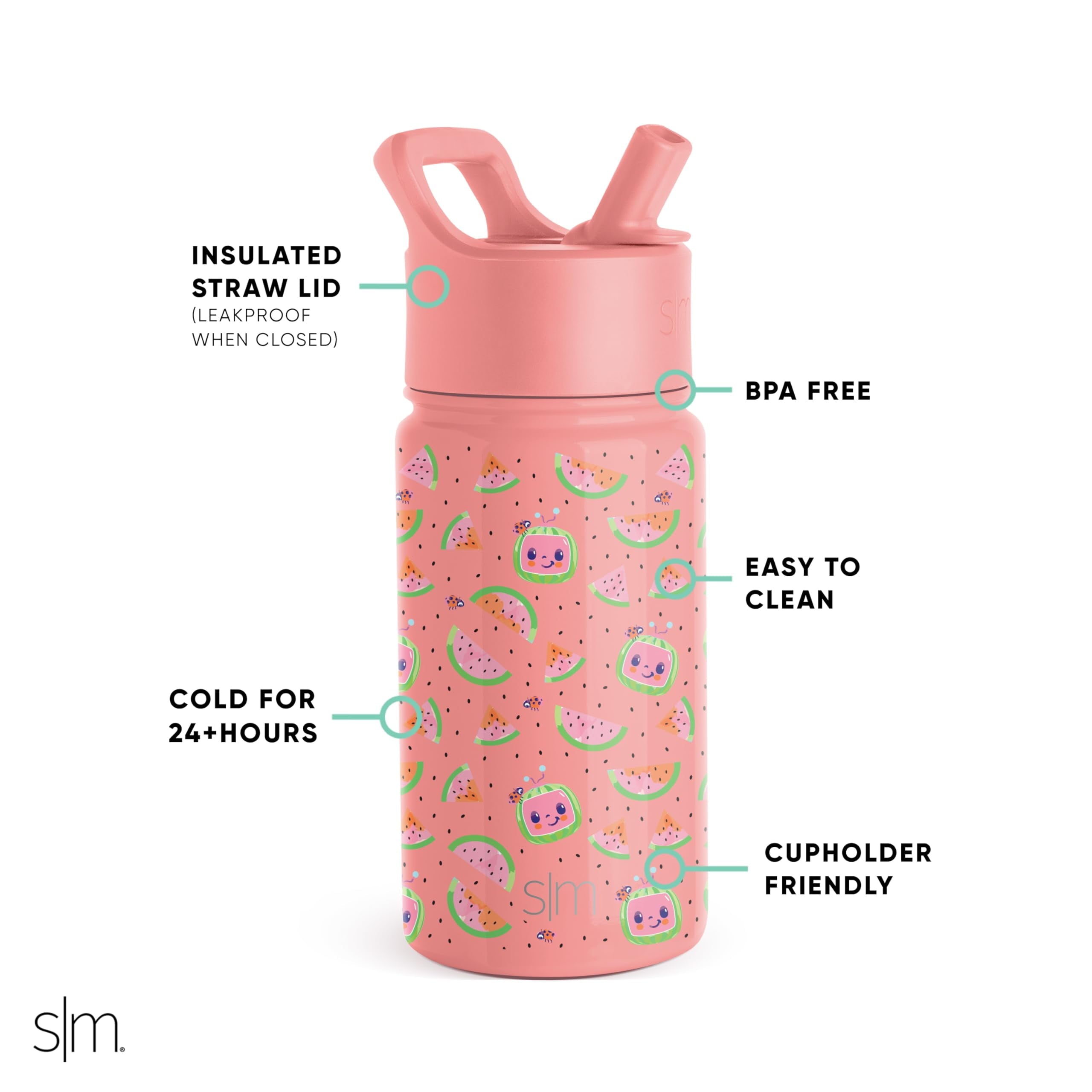 Simple Modern CoComelon Kids Water Bottle with Straw Lid | Insulated Stainless Steel Reusable Tumbler for Toddlers, Girls | Summit Collection | 14oz, CoComelon Pink Melon C688X