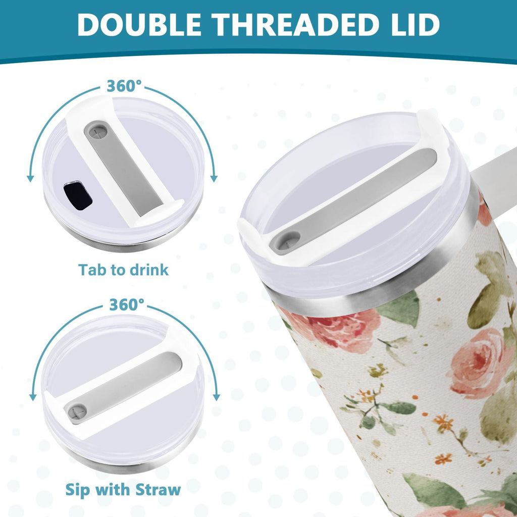 40 oz Insulated Stainless Steel Tumbler Double Wall Stainless Steel Tumbler with 2-Way Drinking Watercolor Rose Floral Pattern C499A