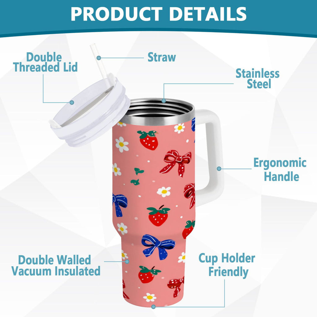 40 oz Insulated Stainless Steel Tumbler Double Wall Stainless Steel Tumbler with 2-Way Drinking Bows and Strawberries Pattern C511T