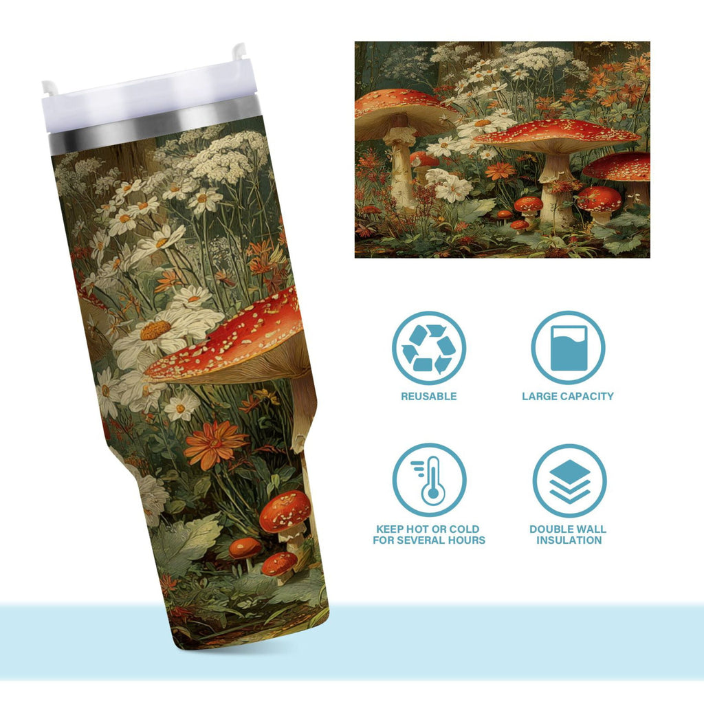 40 oz Insulated Stainless Steel Tumbler Double Wall Stainless Steel Tumbler with 2-Way Drinking Red Mushrooms C505X
