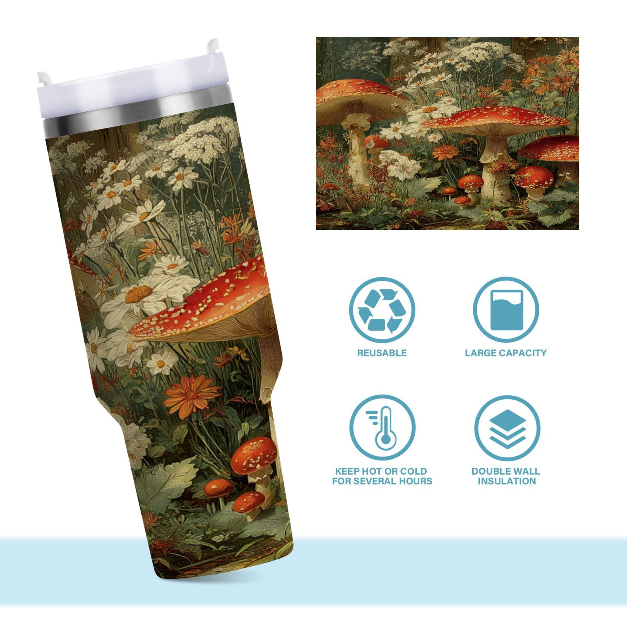 40 oz Insulated Stainless Steel Tumbler Double Wall Stainless Steel Tumbler with 2-Way Drinking Red Mushrooms C505X