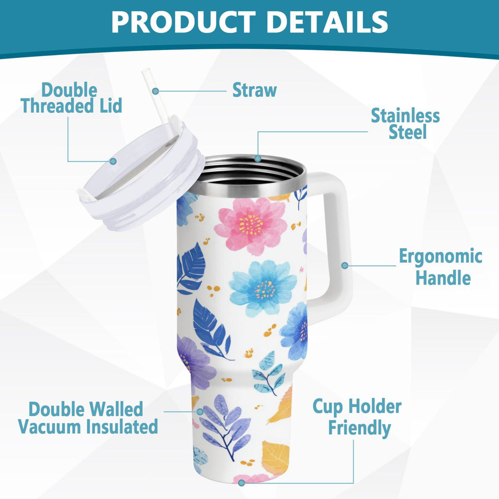 30 oz Insulated Stainless Steel Tumbler Double Wall Stainless Steel Tumbler with 2-Way Drinking Blue and Purple Flowers C522M