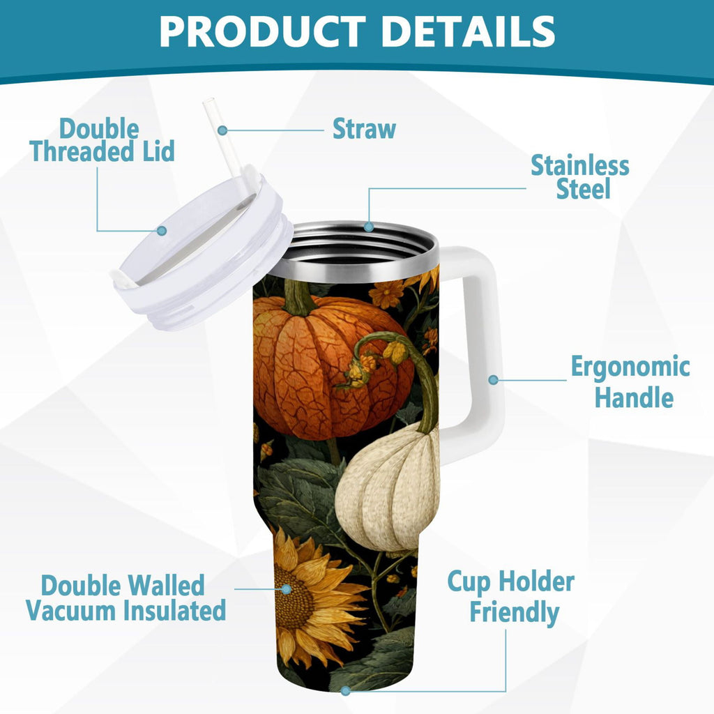 40 oz Insulated Stainless Steel Tumbler Double Wall Stainless Steel Tumbler with 2-Way Drinking Pumpkins and Sunflowers Pattern C560L