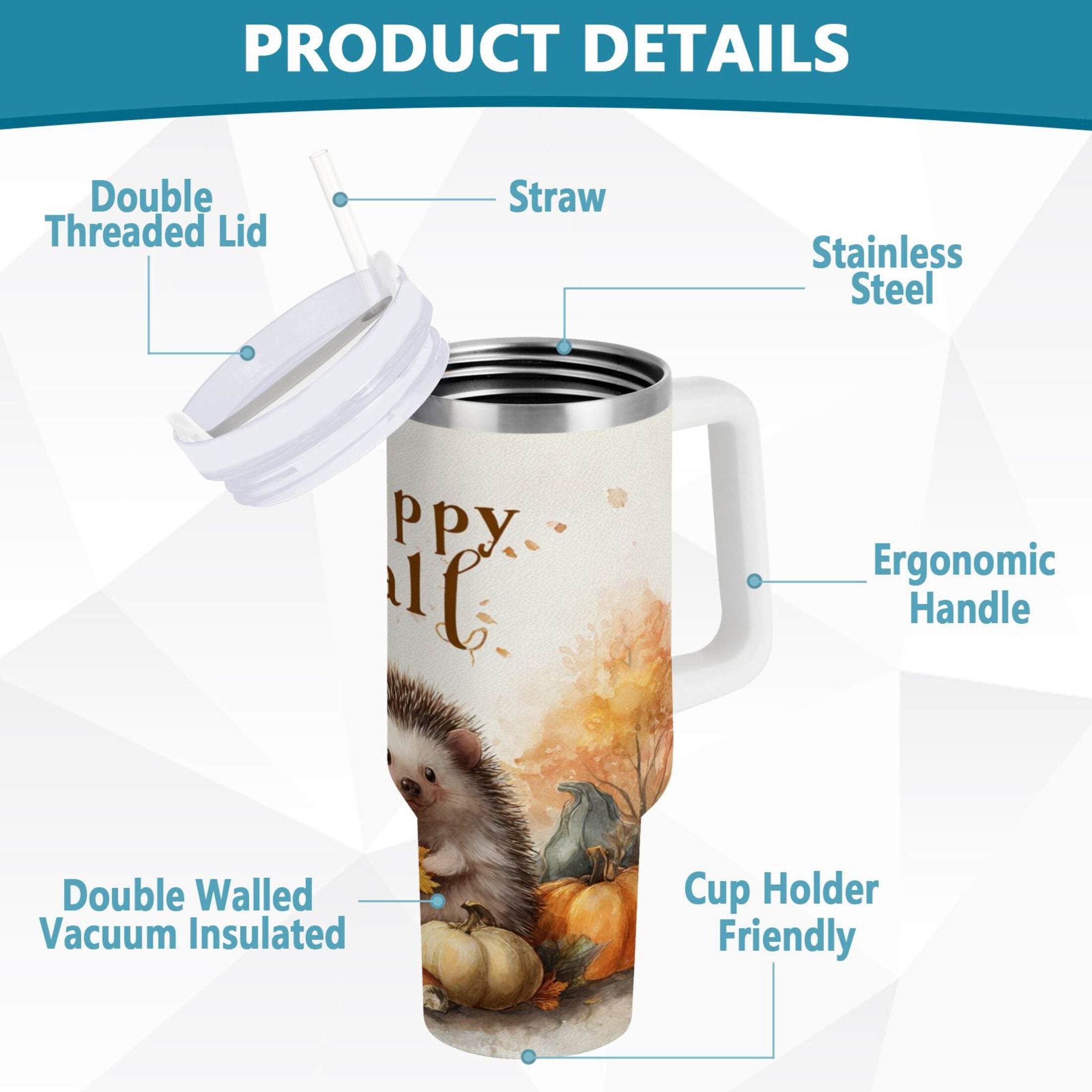 30 oz Insulated Stainless Steel Tumbler Double Wall Stainless Steel Tumbler with 2-Way Drinking Cute Little Hedgehog C625E