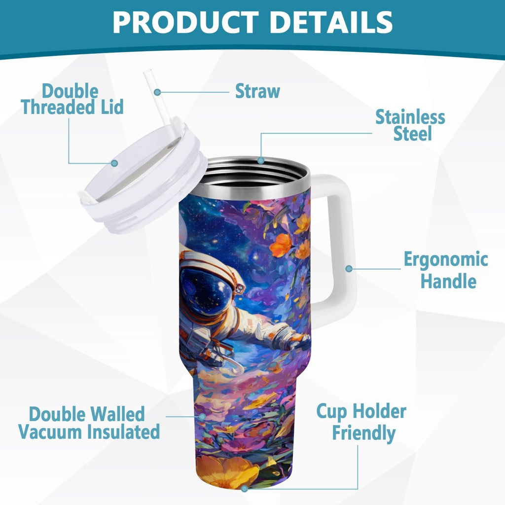 40 oz Insulated Stainless Steel Tumbler Double Wall Stainless Steel Tumbler with 2-Way Drinking Astronaut and Colorful Flowers C562D