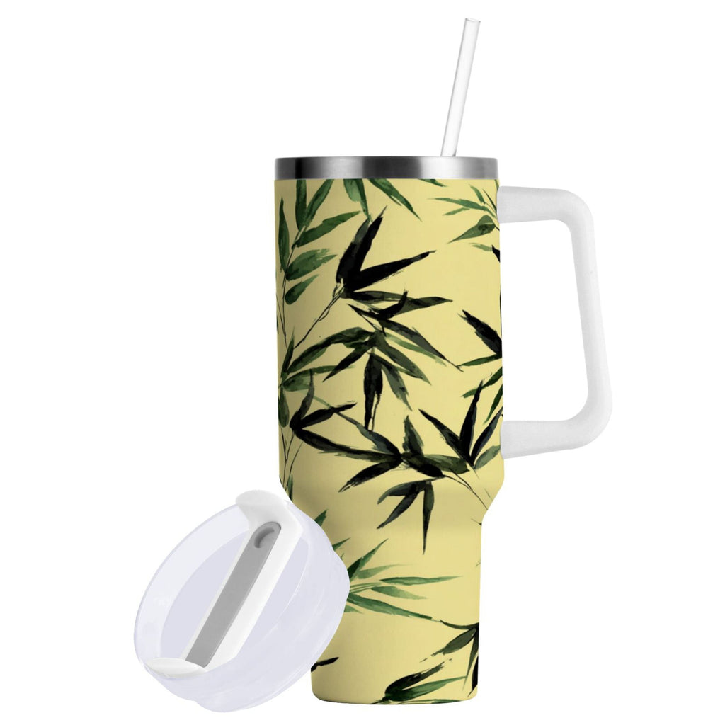 30 oz Insulated Stainless Steel Tumbler Double Wall Stainless Steel Tumbler with 2-Way Drinking Bamboo and Green Leaves C633T