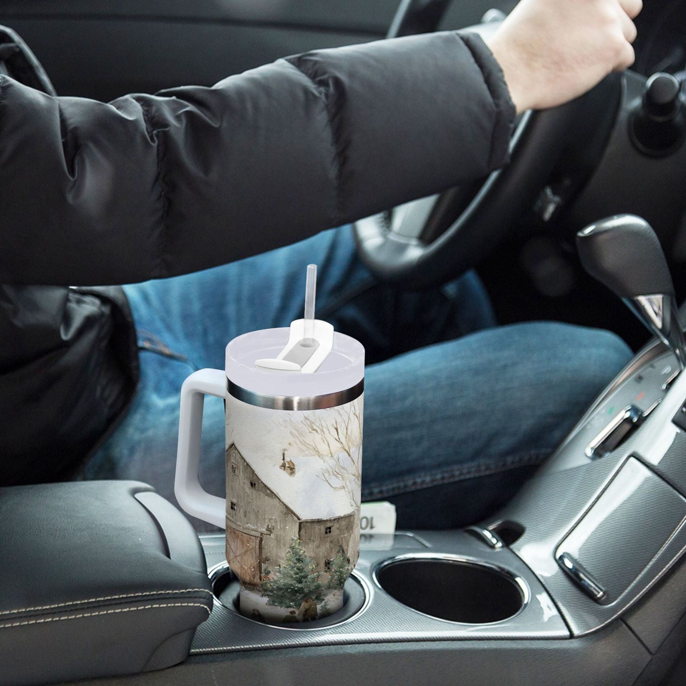 40 oz Insulated Stainless Steel Tumbler Double Wall Stainless Steel Tumbler with 2-Way Drinking Farm Snow Scene C645B