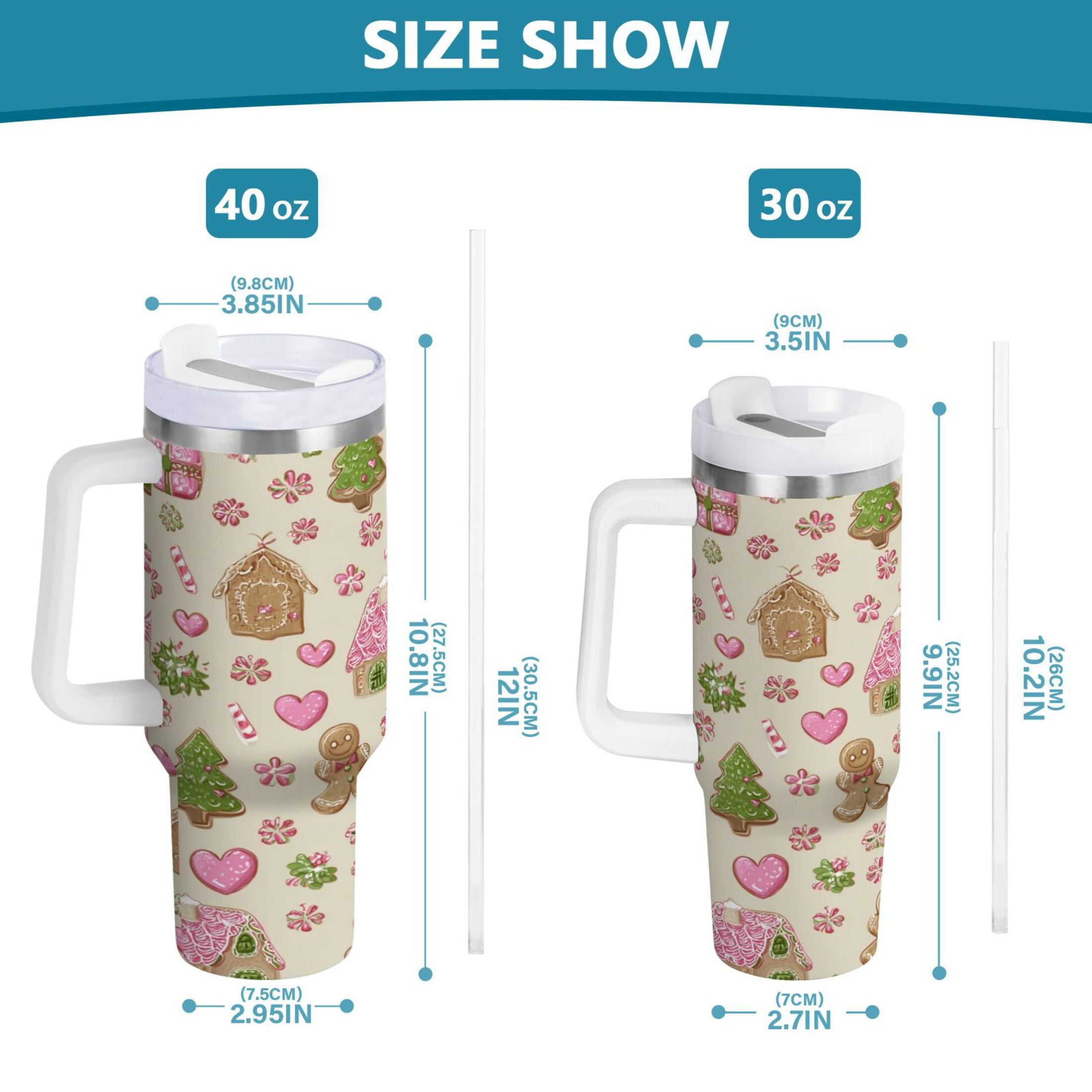 40 oz Insulated Stainless Steel Tumbler Double Wall Stainless Steel Tumbler with 2-Way Drinking Pink Cute Christmas Pattern C564G