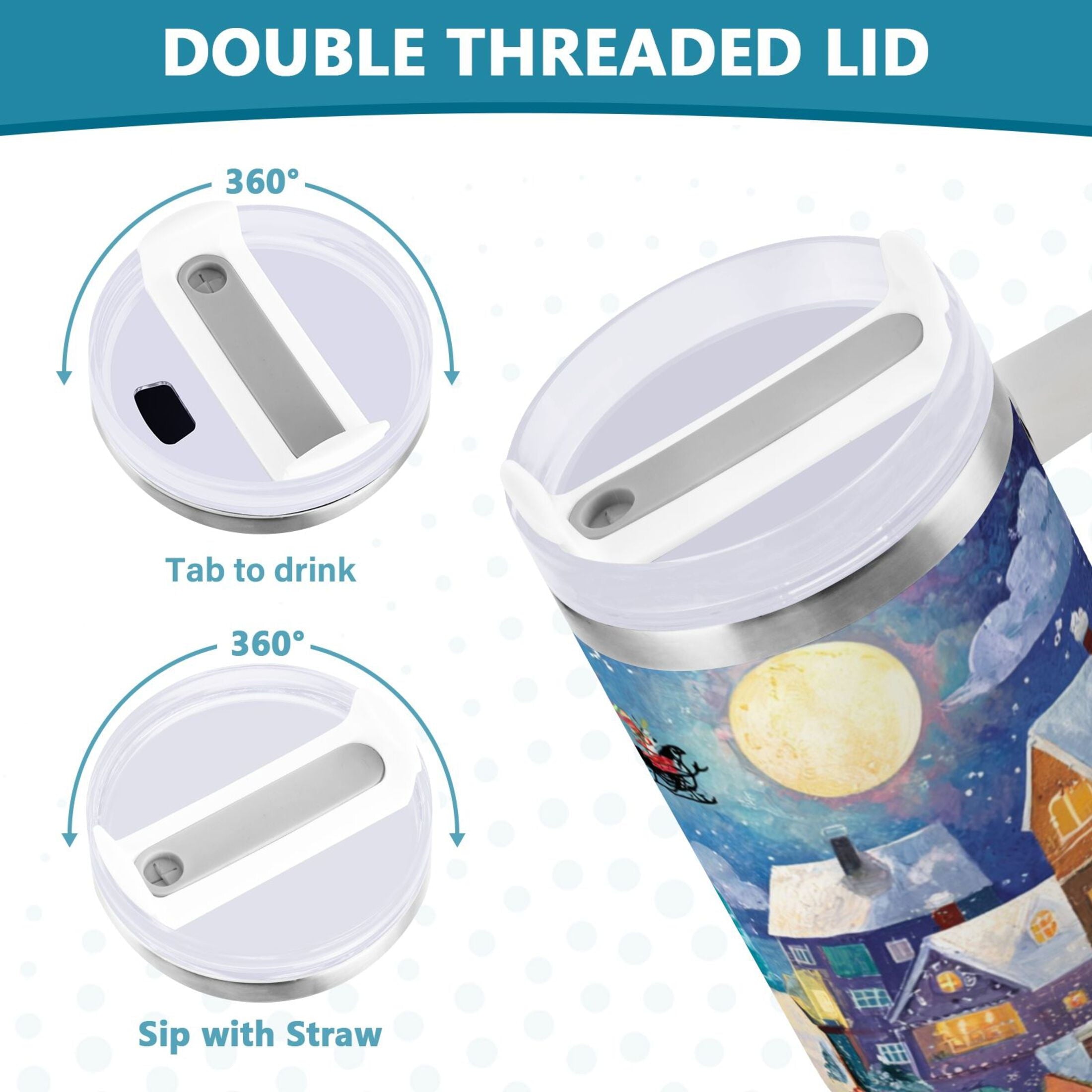 30 oz Insulated Stainless Steel Tumbler Double Wall Stainless Steel Tumbler with 2-Way Drinking Charming Christmas Scene C546M