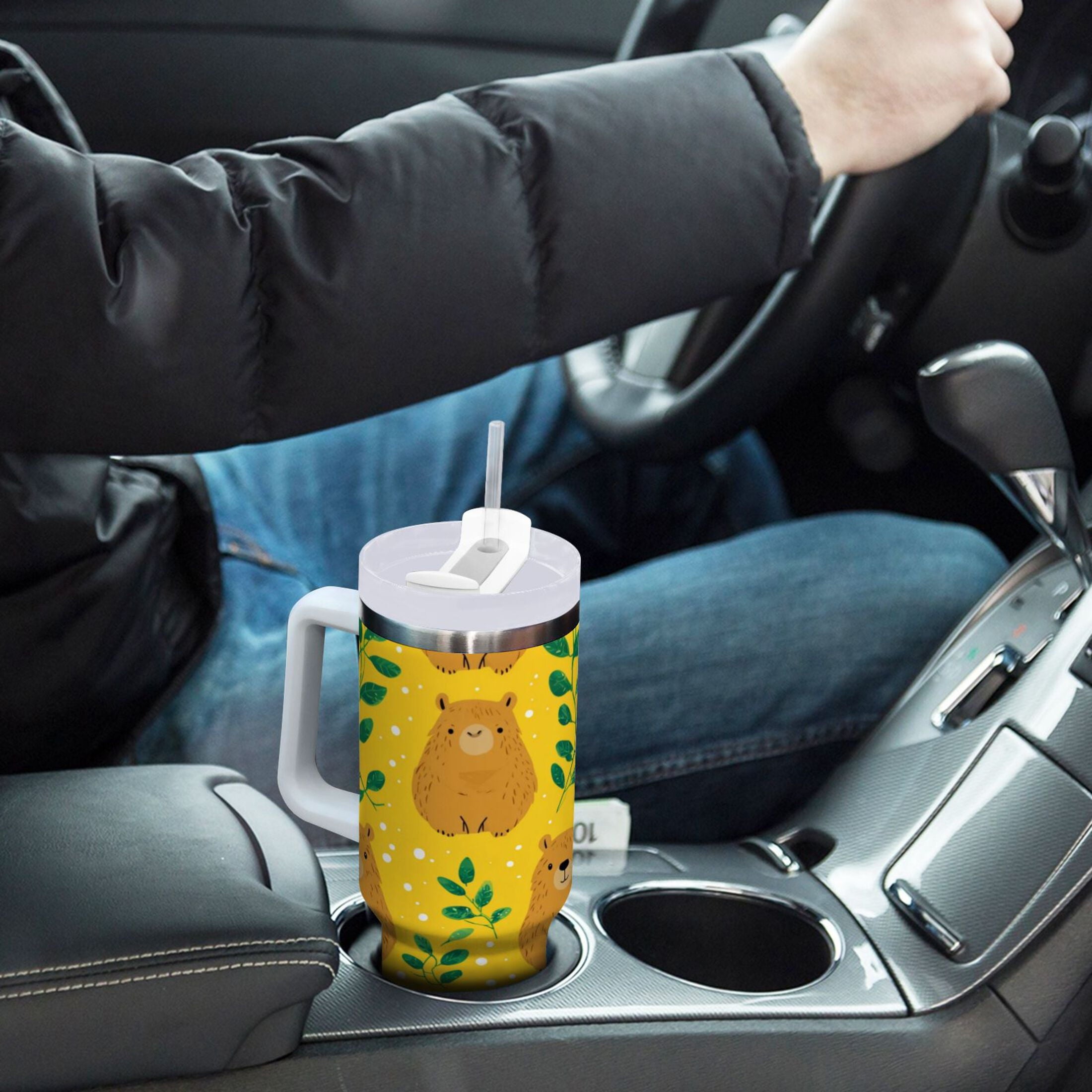 30 oz Insulated Stainless Steel Tumbler Double Wall Stainless Steel Tumbler with 2-Way Drinking Capybara and Green Leaves C658A