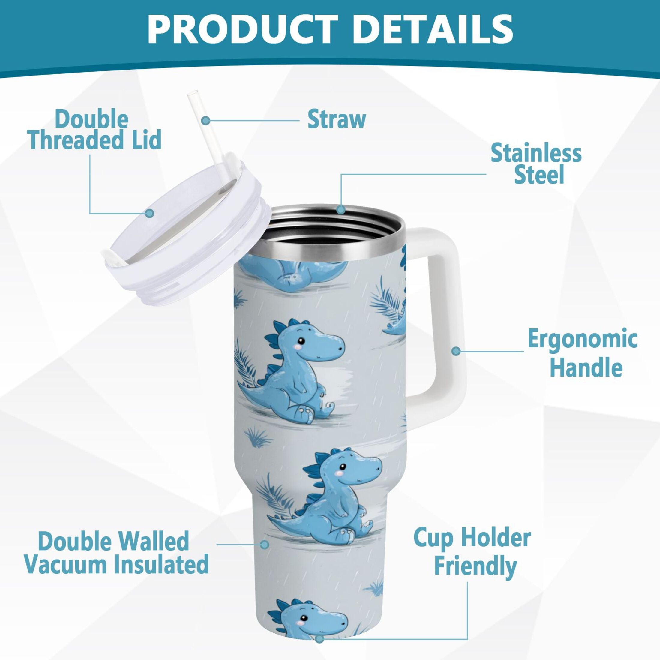 30 oz Insulated Stainless Steel Tumbler Double Wall Stainless Steel Tumbler with 2-Way Drinking Cartoon Blue Dinosaurs C495H