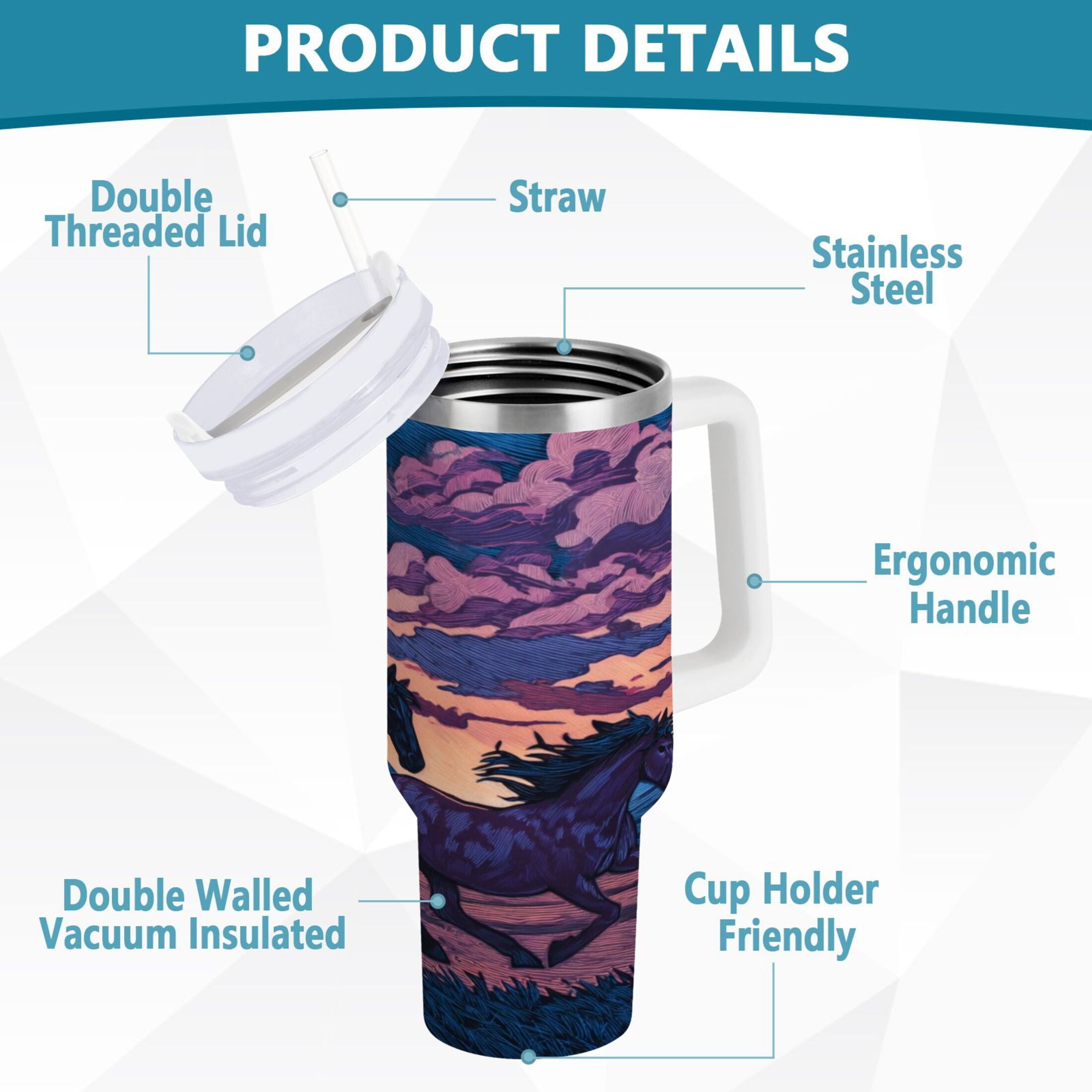 40 oz Insulated Stainless Steel Tumbler Double Wall Stainless Steel Tumbler with 2-Way Drinking Wild Horses Running C506Y