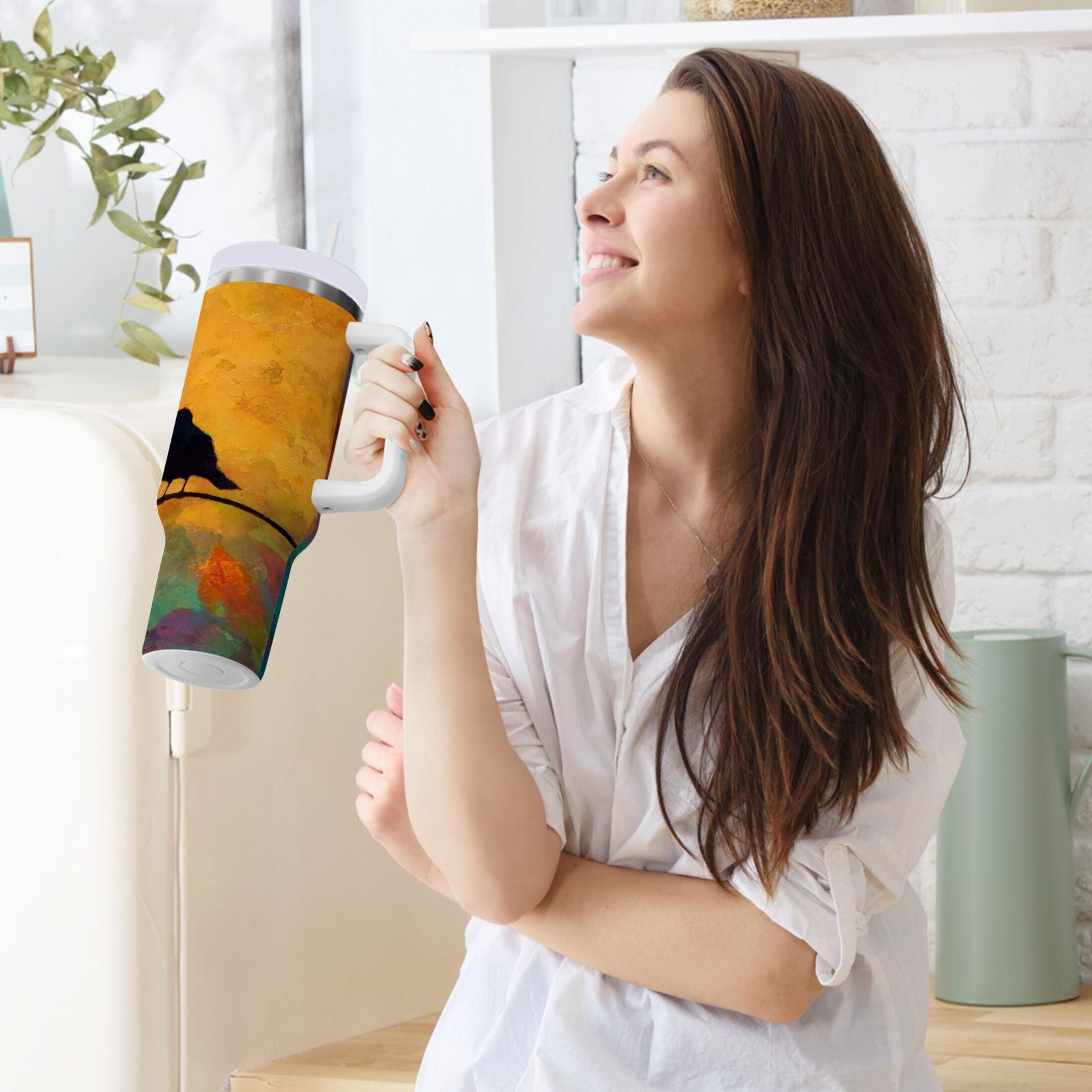30 oz Insulated Stainless Steel Tumbler Double Wall Stainless Steel Tumbler with 2-Way Drinking Birds on A Wire C613B