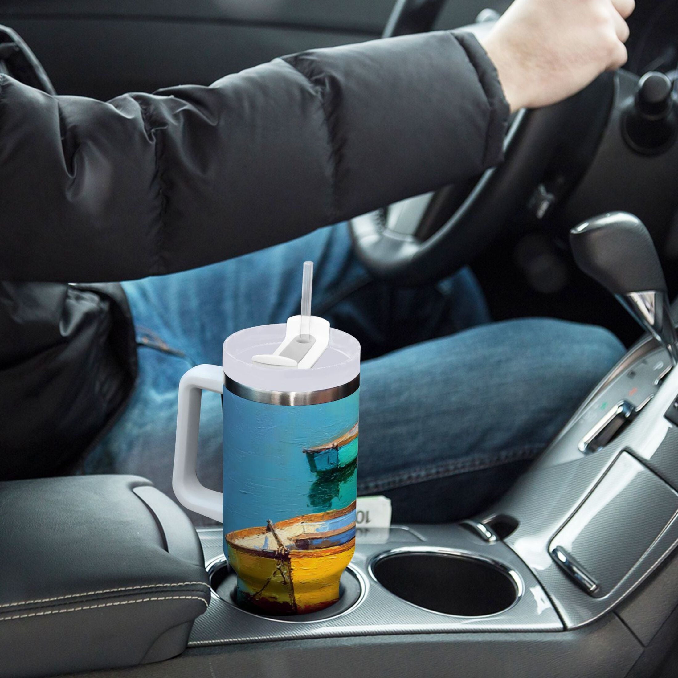 30 oz Insulated Stainless Steel Tumbler Double Wall Stainless Steel Tumbler with 2-Way Drinking Colorful Row Boats C555B