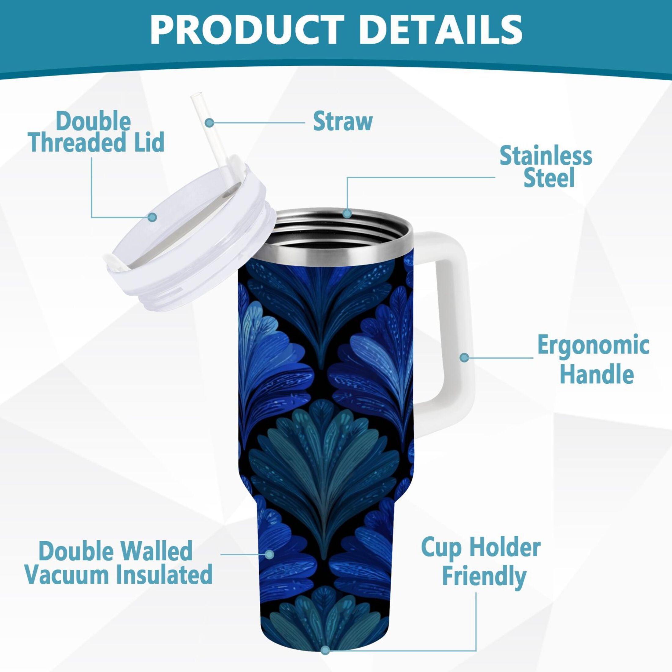 30 oz Insulated Stainless Steel Tumbler Double Wall Stainless Steel Tumbler with 2-Way Drinking Blue Batik Leaves Pattern C525X