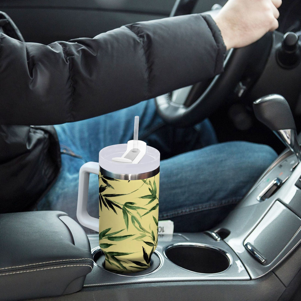 30 oz Insulated Stainless Steel Tumbler Double Wall Stainless Steel Tumbler with 2-Way Drinking Bamboo and Green Leaves C633T