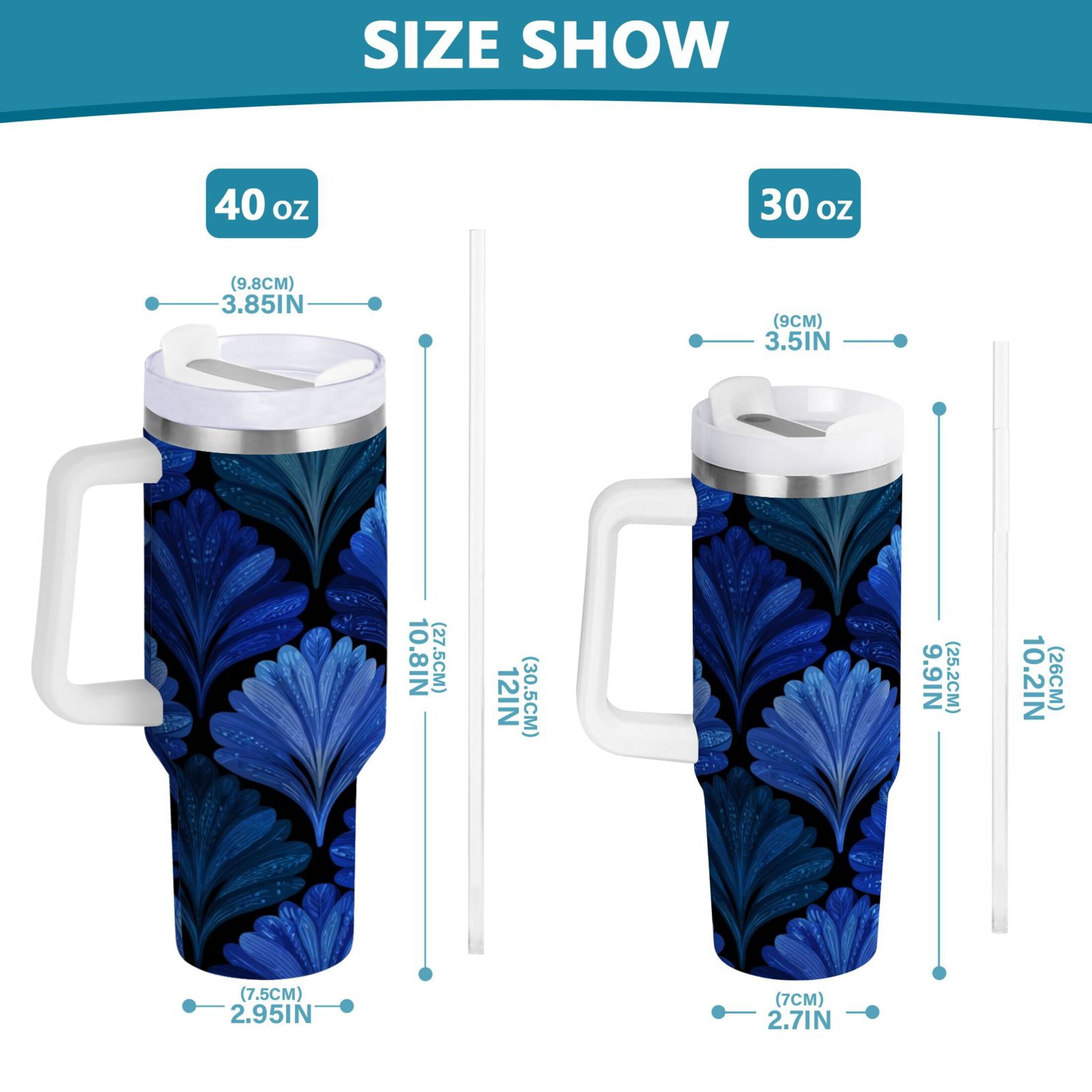 30 oz Insulated Stainless Steel Tumbler Double Wall Stainless Steel Tumbler with 2-Way Drinking Blue Batik Leaves Pattern C525X