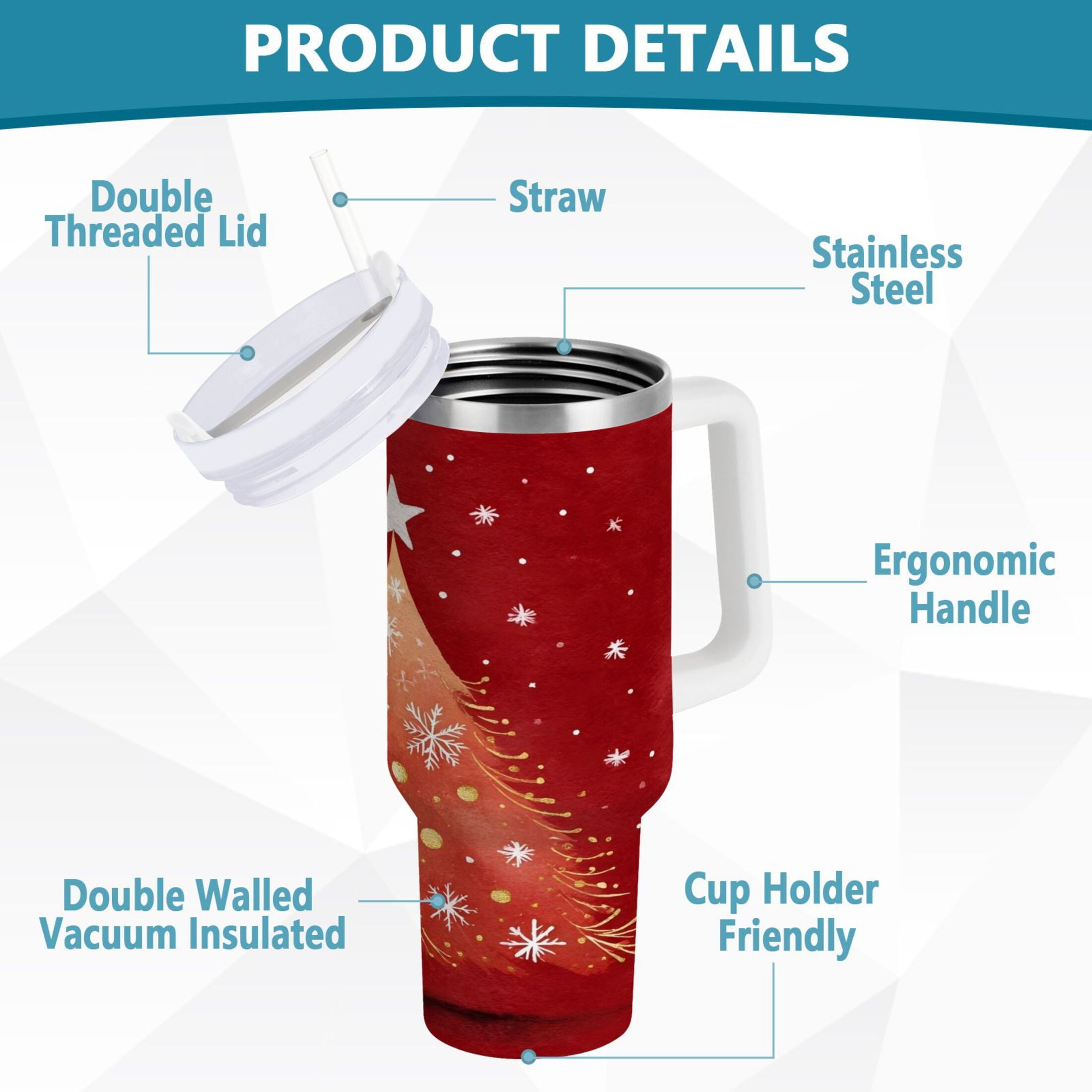 40 oz Insulated Stainless Steel Tumbler Double Wall Stainless Steel Tumbler with 2-Way Drinking Red Christmas Tree C662K