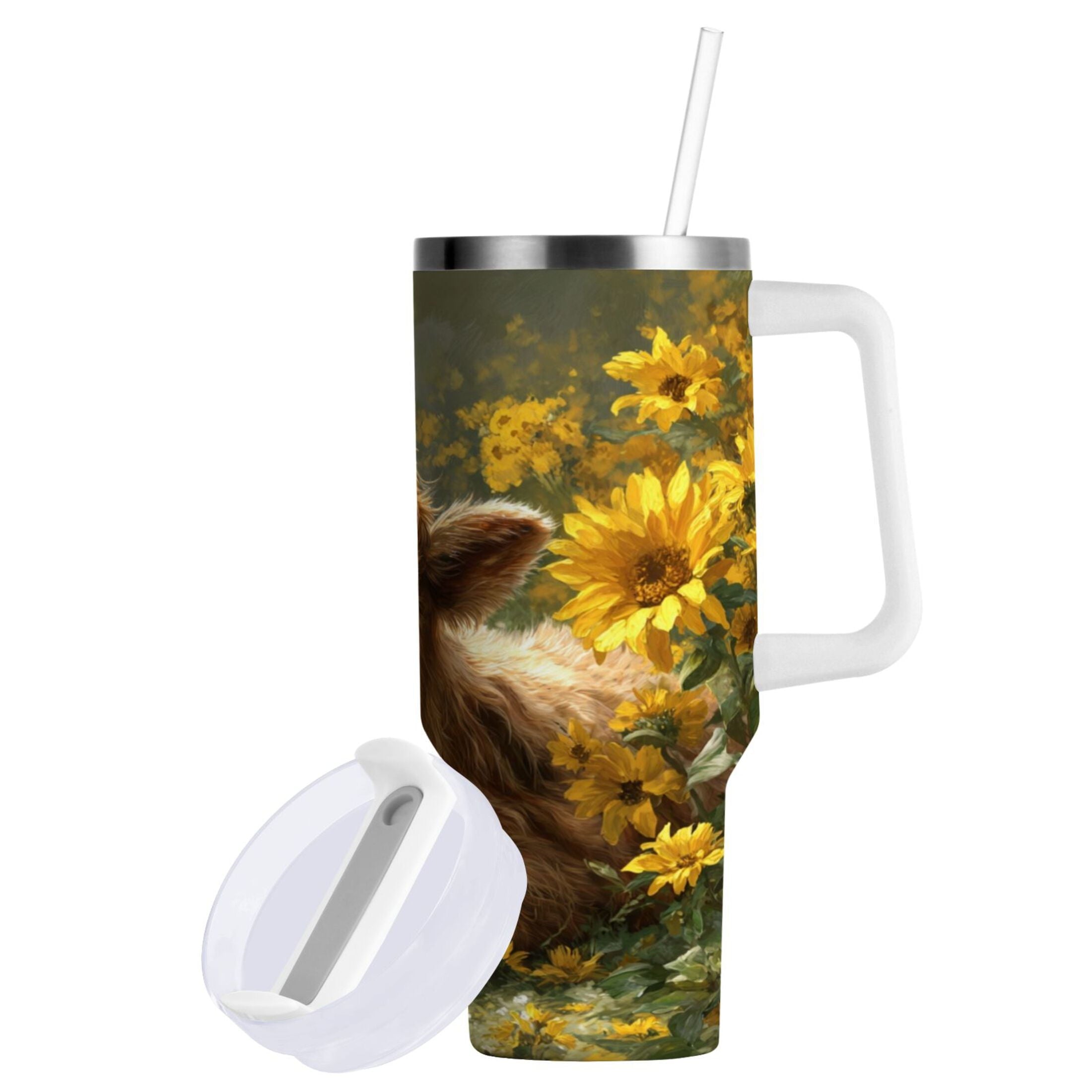 40 oz Insulated Stainless Steel Tumbler Double Wall Stainless Steel Tumbler with 2-Way Drinking Cow Lying in Sunflowers C665L