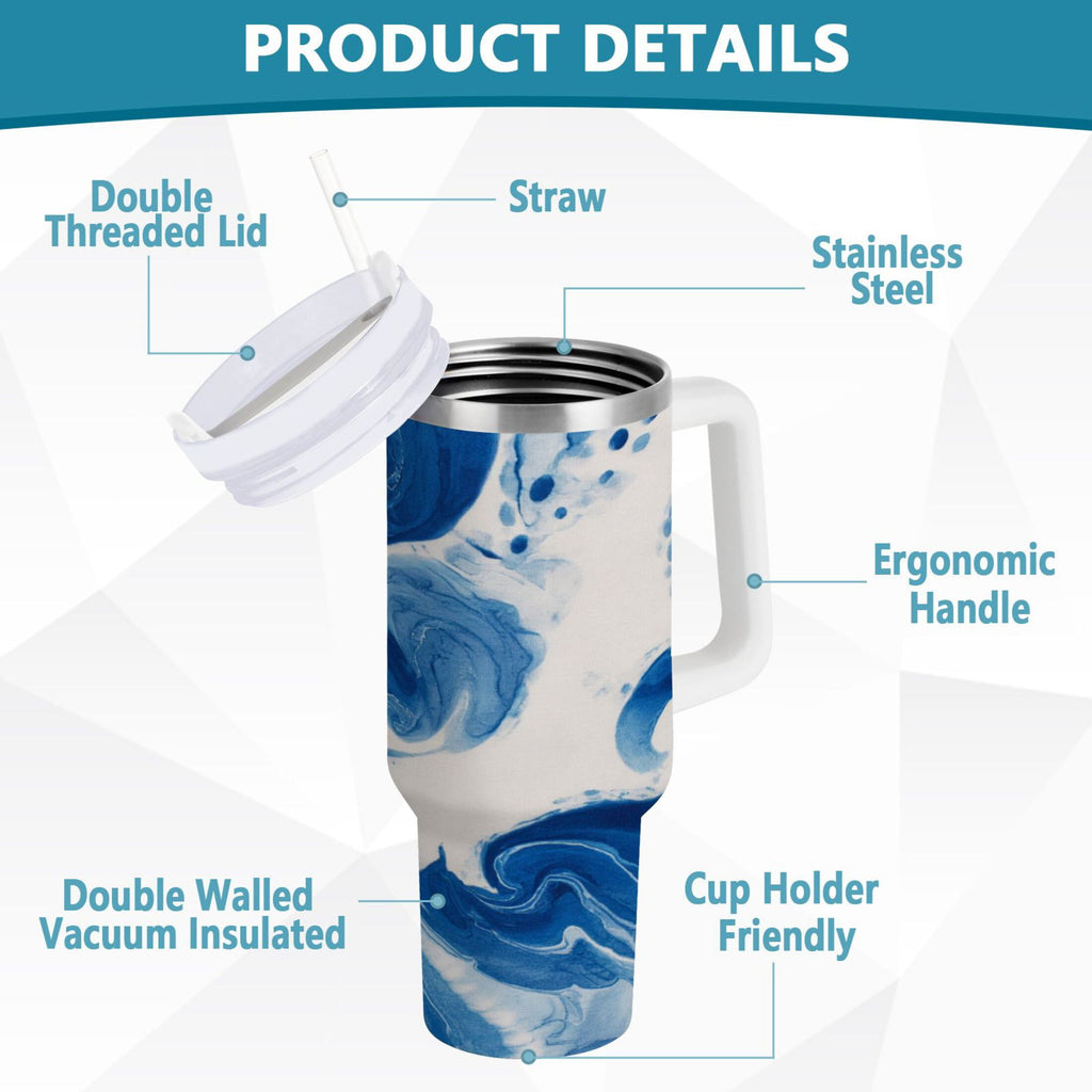 40 oz Insulated Stainless Steel Tumbler Double Wall Stainless Steel Tumbler with 2-Way Drinking Indigo Blue Tie-dye Pattern C632H