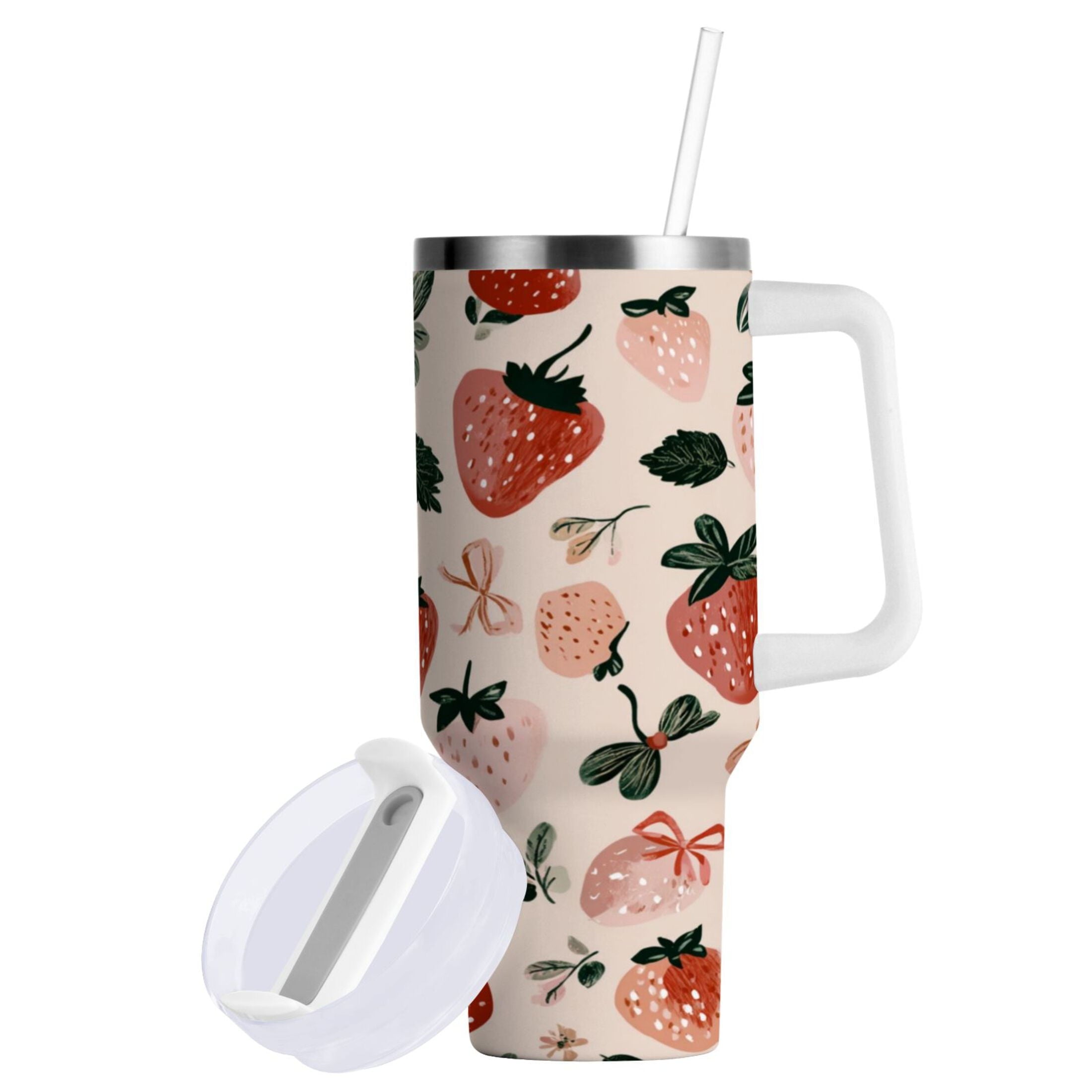 30 oz Insulated Stainless Steel Tumbler Double Wall Stainless Steel Tumbler with 2-Way Drinking Cute Pinks Strawberries C596A