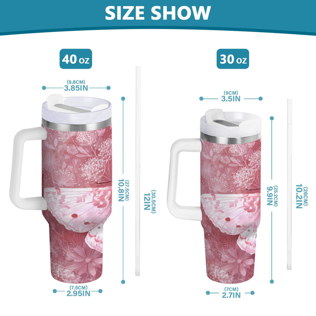 30 oz Insulated Stainless Steel Tumbler Double Wall Stainless Steel Tumbler with 2-Way Drinking Soft Pink Butterfly C561B