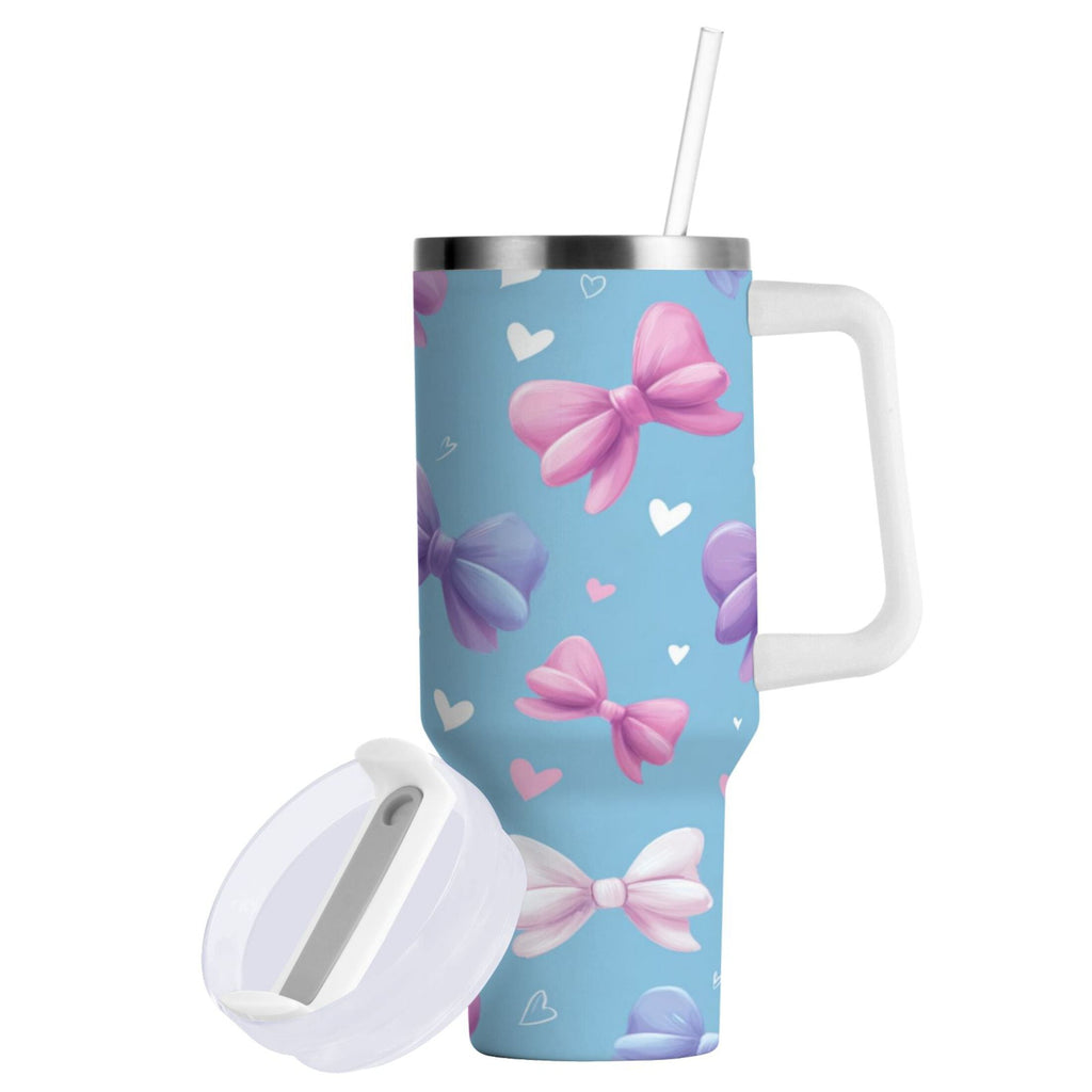 30 oz Insulated Stainless Steel Tumbler Double Wall Stainless Steel Tumbler with 2-Way Drinking Pink and Purple Bows C526N