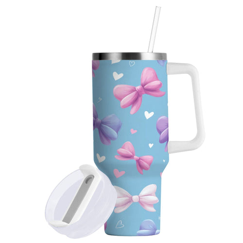 30 oz Insulated Stainless Steel Tumbler Double Wall Stainless Steel Tumbler with 2-Way Drinking Pink and Purple Bows C526N
