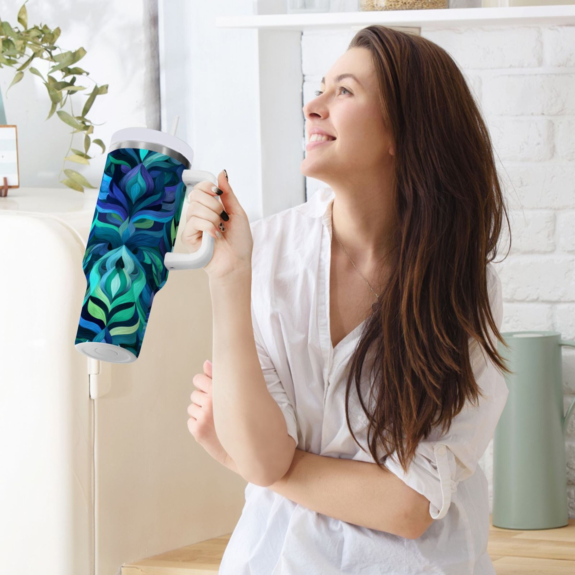 40 oz Insulated Stainless Steel Tumbler Double Wall Stainless Steel Tumbler with 2-Way Drinking Elegant Blue Abstract Shapes C609J