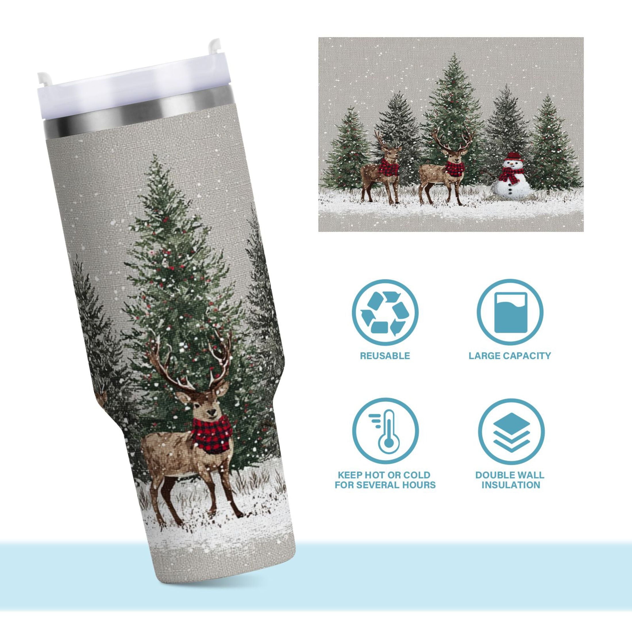 30 oz Insulated Stainless Steel Tumbler Double Wall Stainless Steel Tumbler with 2-Way Drinking Christmas Deer and Snowmen C619D