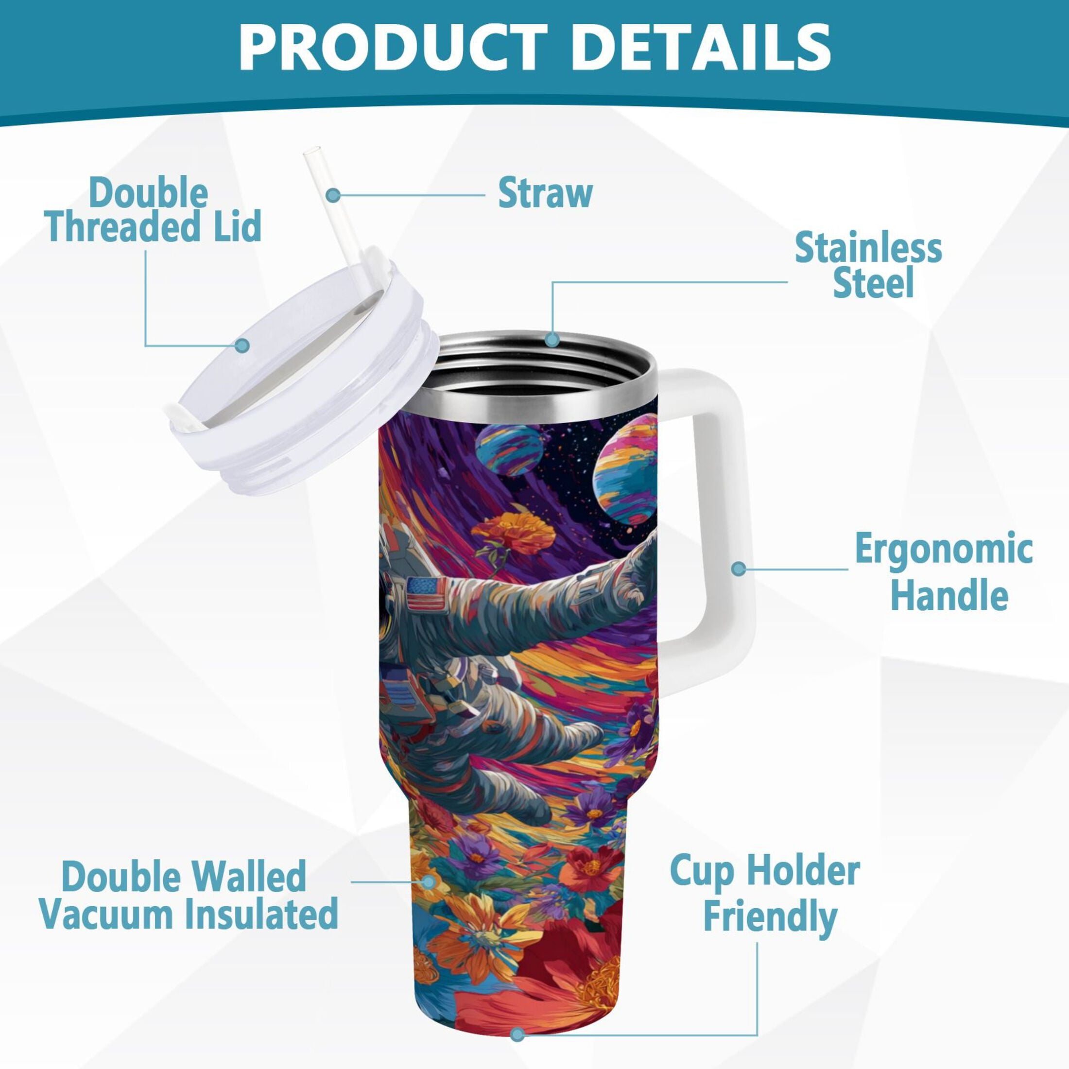 40 oz Insulated Stainless Steel Tumbler Double Wall Stainless Steel Tumbler with 2-Way Drinking Colorful Flowers and Planets C598G