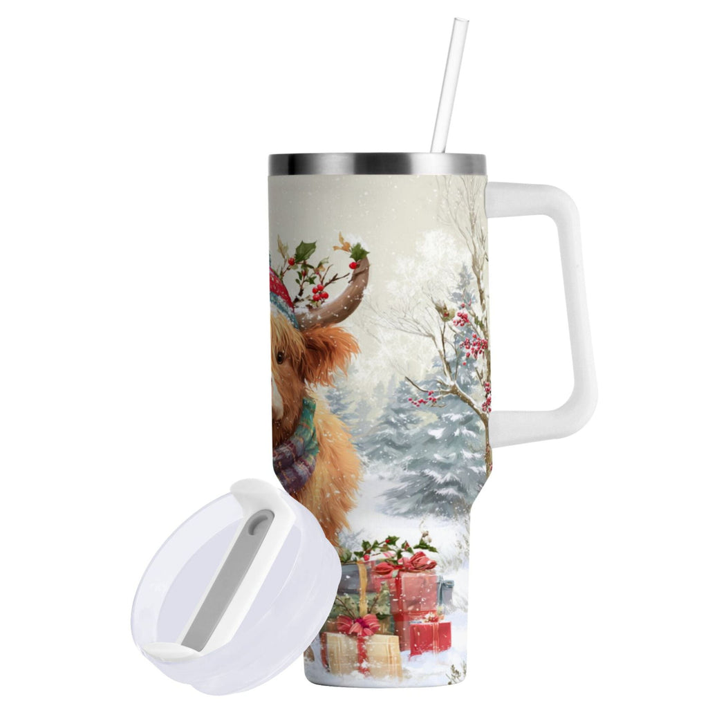 30 oz Insulated Stainless Steel Tumbler Double Wall Stainless Steel Tumbler with 2-Way Drinking Cow Wearing Christmas Hat C681A