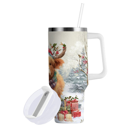 30 oz Insulated Stainless Steel Tumbler Double Wall Stainless Steel Tumbler with 2-Way Drinking Cow Wearing Christmas Hat C681A