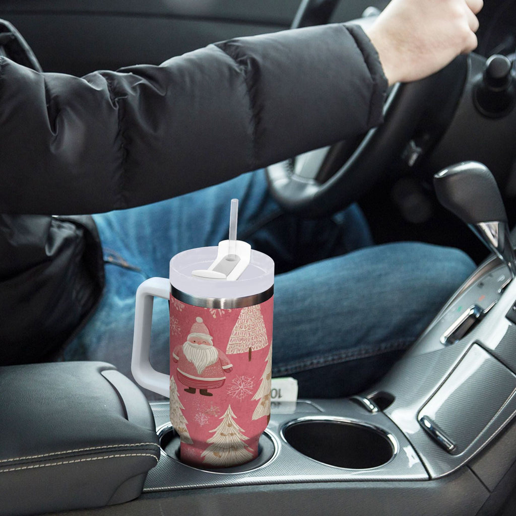 40 oz Insulated Stainless Steel Tumbler Double Wall Stainless Steel Tumbler with 2-Way Drinking Pink Santa Claus Pattern C527Z